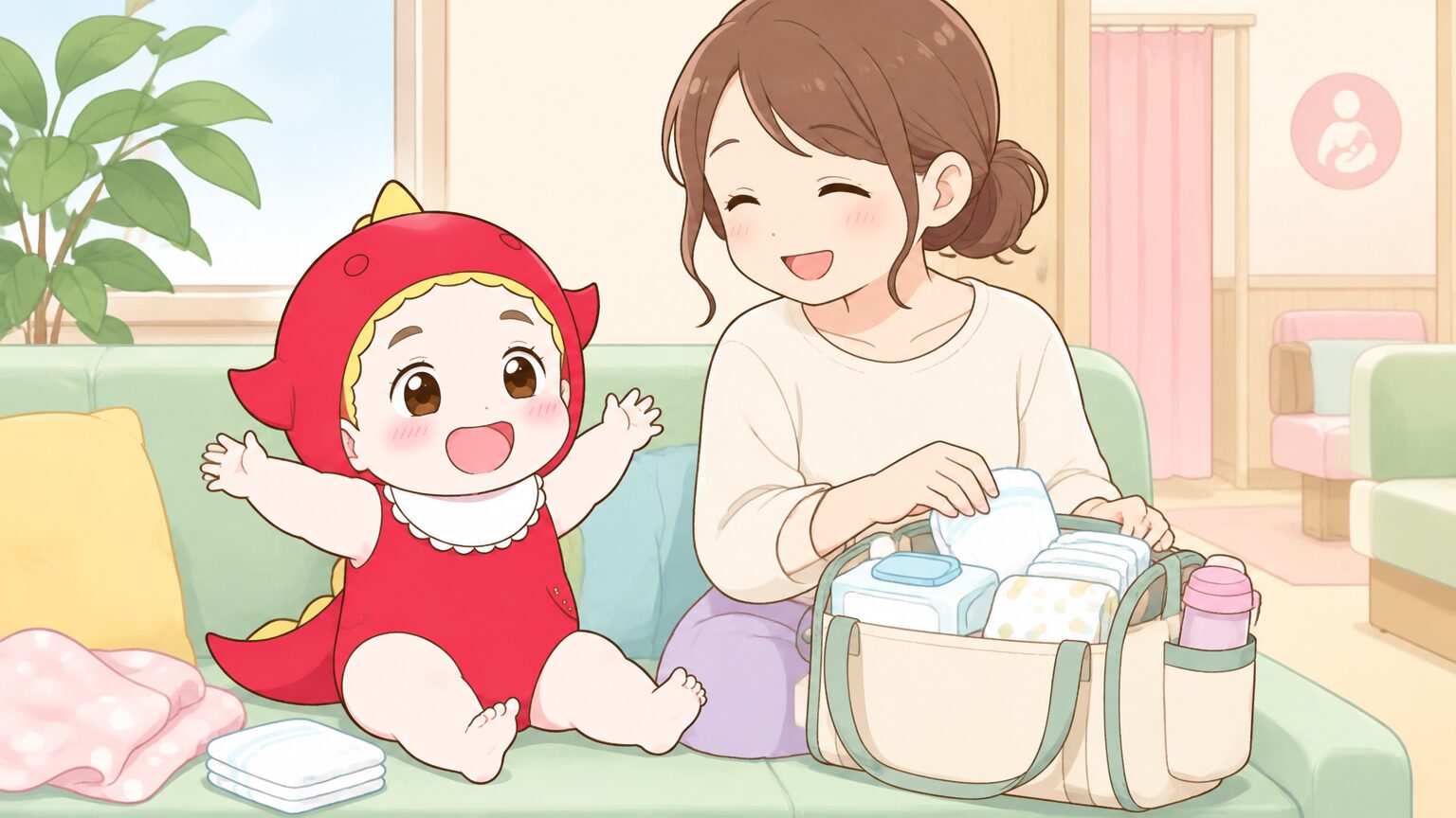 授乳室近くのソファでおむつ替えの準備をしながらくつろぐ母親と、機嫌よく笑う赤ちゃん