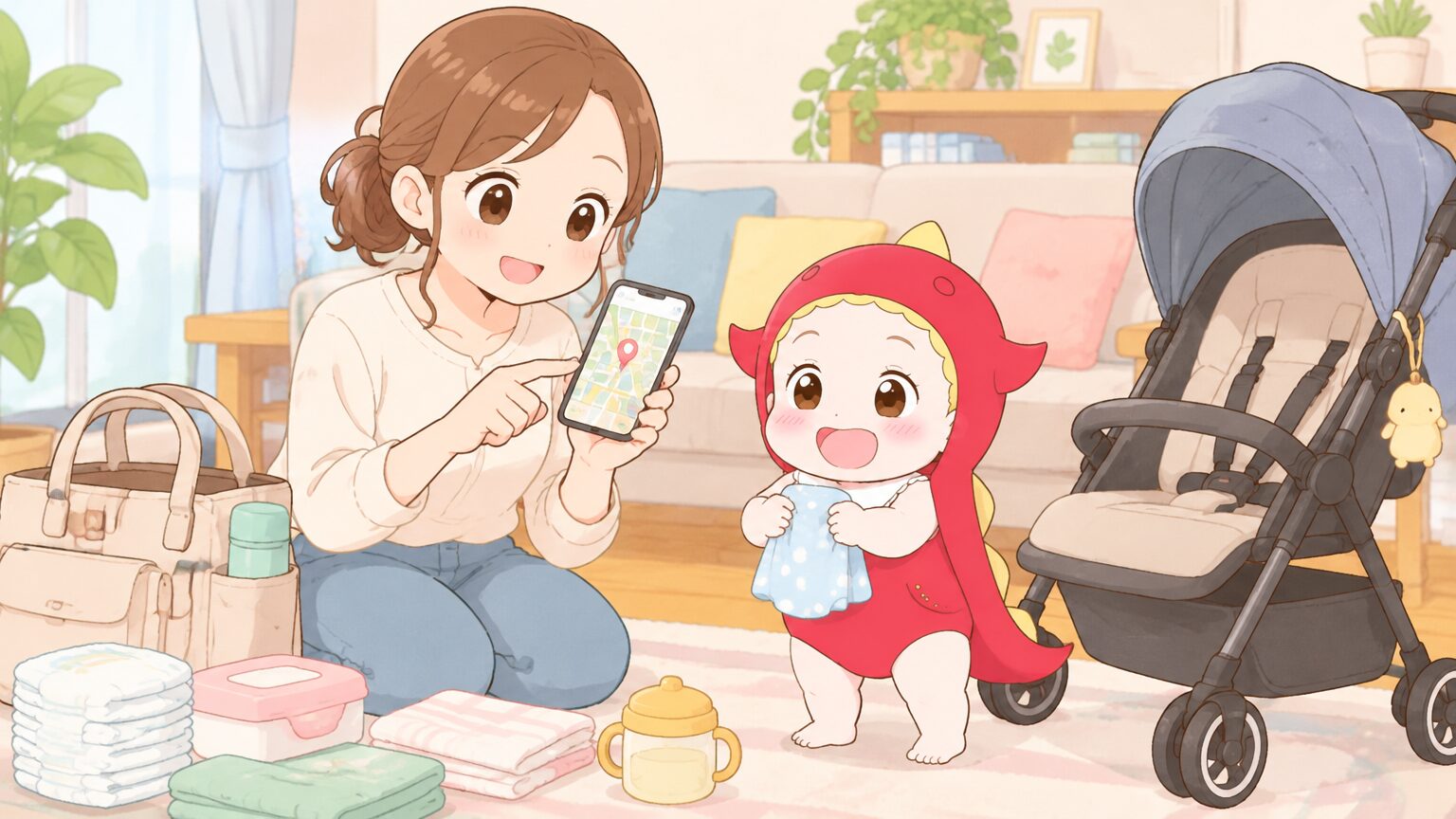 自宅のリビングでスマートフォンの駅構内図を見ながら、ベビーカーのそばで出かける準備をする30代の母親