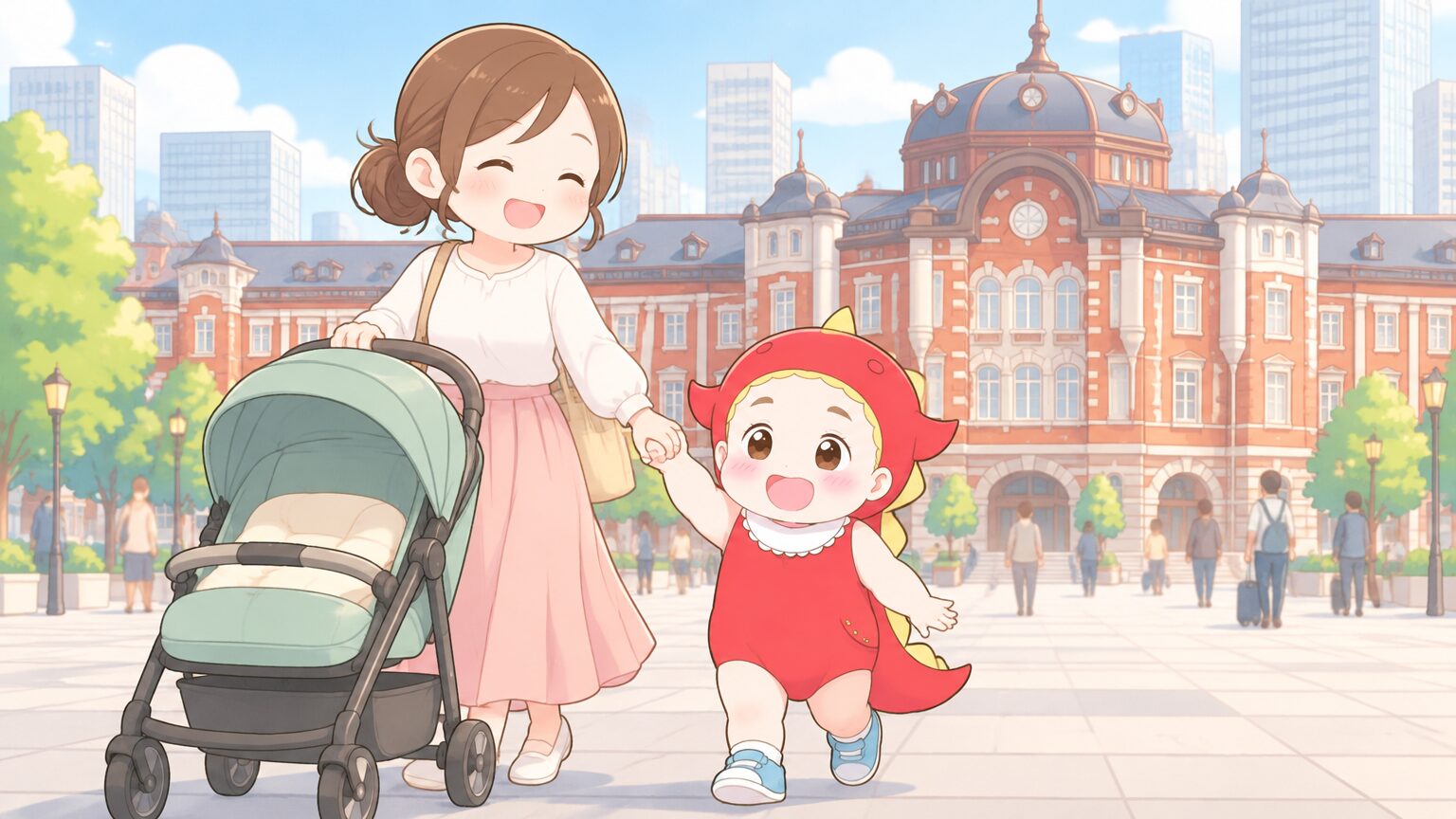 東京駅の赤レンガ駅舎を背景に、ベビーカーを押す母親と手をつないで歩く2歳の男の子