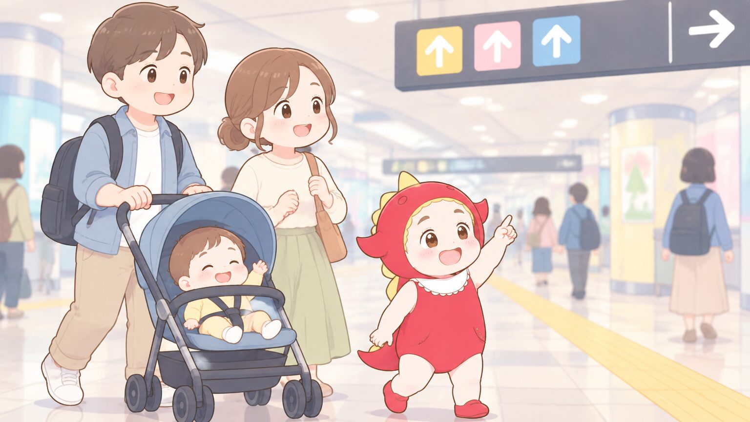 東京駅の地下通路をベビーカーを押しながら歩く両親と、案内表示を見上げる幼い子ども