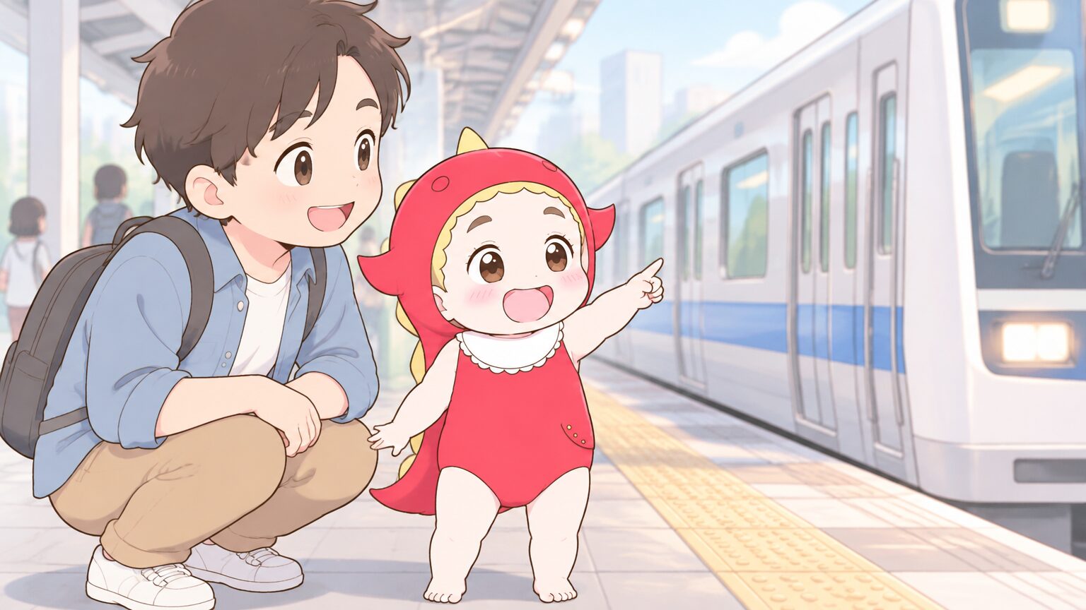 駅のホームで電車を指さして笑う2歳の女の子と、隣でしゃがんで一緒に見る父親