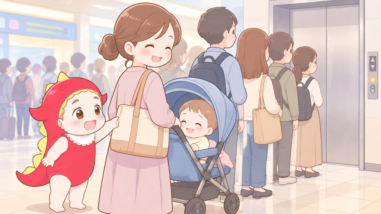 新宿駅の構内で、エレベーター待ちの列に並ぶベビーカー連れの母親と抱っこされた赤ちゃん