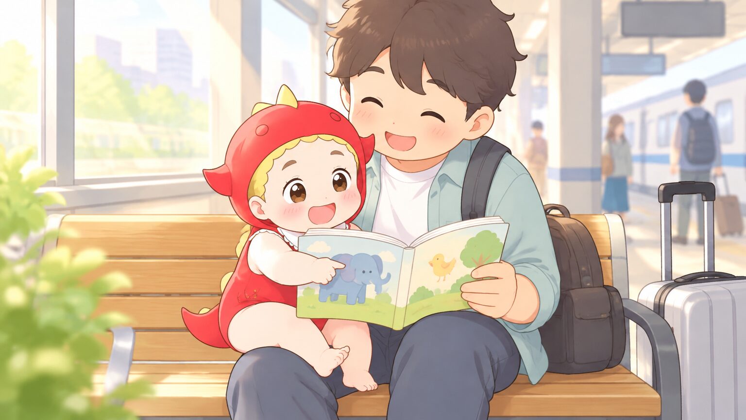 駅のベンチでお気に入りの絵本を開いて一緒に眺める1歳児と父親、柔らかい朝の光