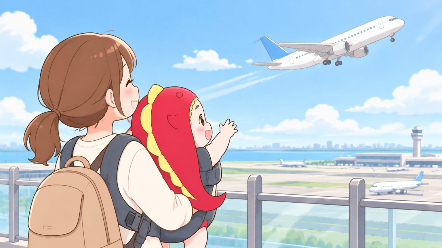 展望デッキの柵の前で、抱っこ紐の赤ちゃんと一緒に離陸する飛行機を見上げる親子の後ろ姿、青空と滑走路が広がる穏やかな昼間の様子