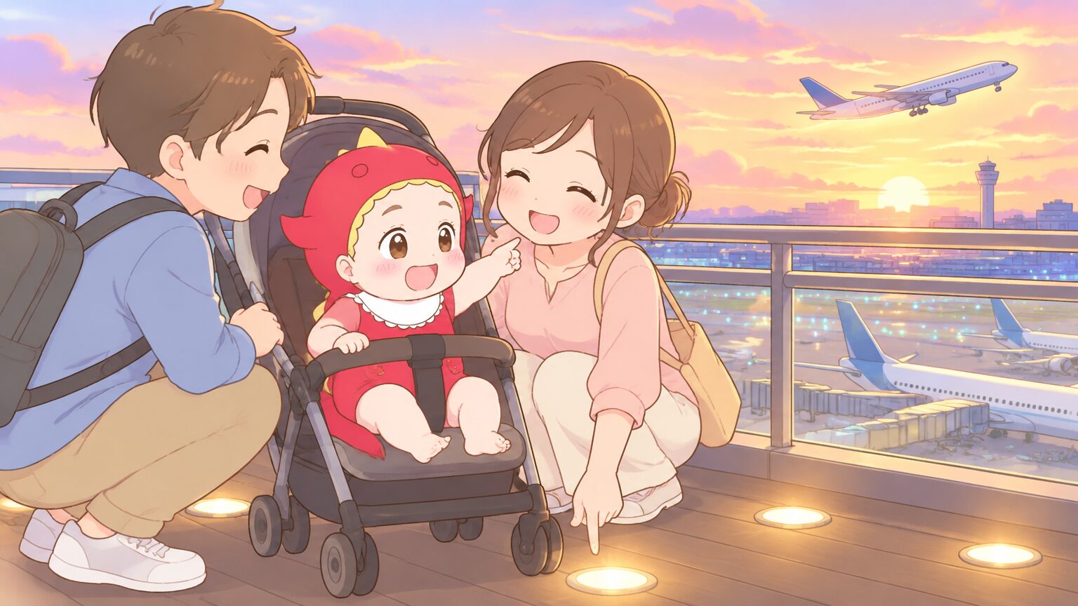 夕暮れの展望デッキで、ベビーカーの横にしゃがんで幼児に光る足元のライトと飛行機を見せているパパとママ