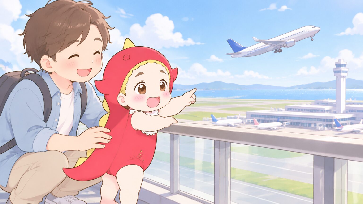展望ホールのスカイデッキで滑走路に向かって飛び立つ飛行機を指さす2歳くらいの男の子と、後ろで見守るパパ