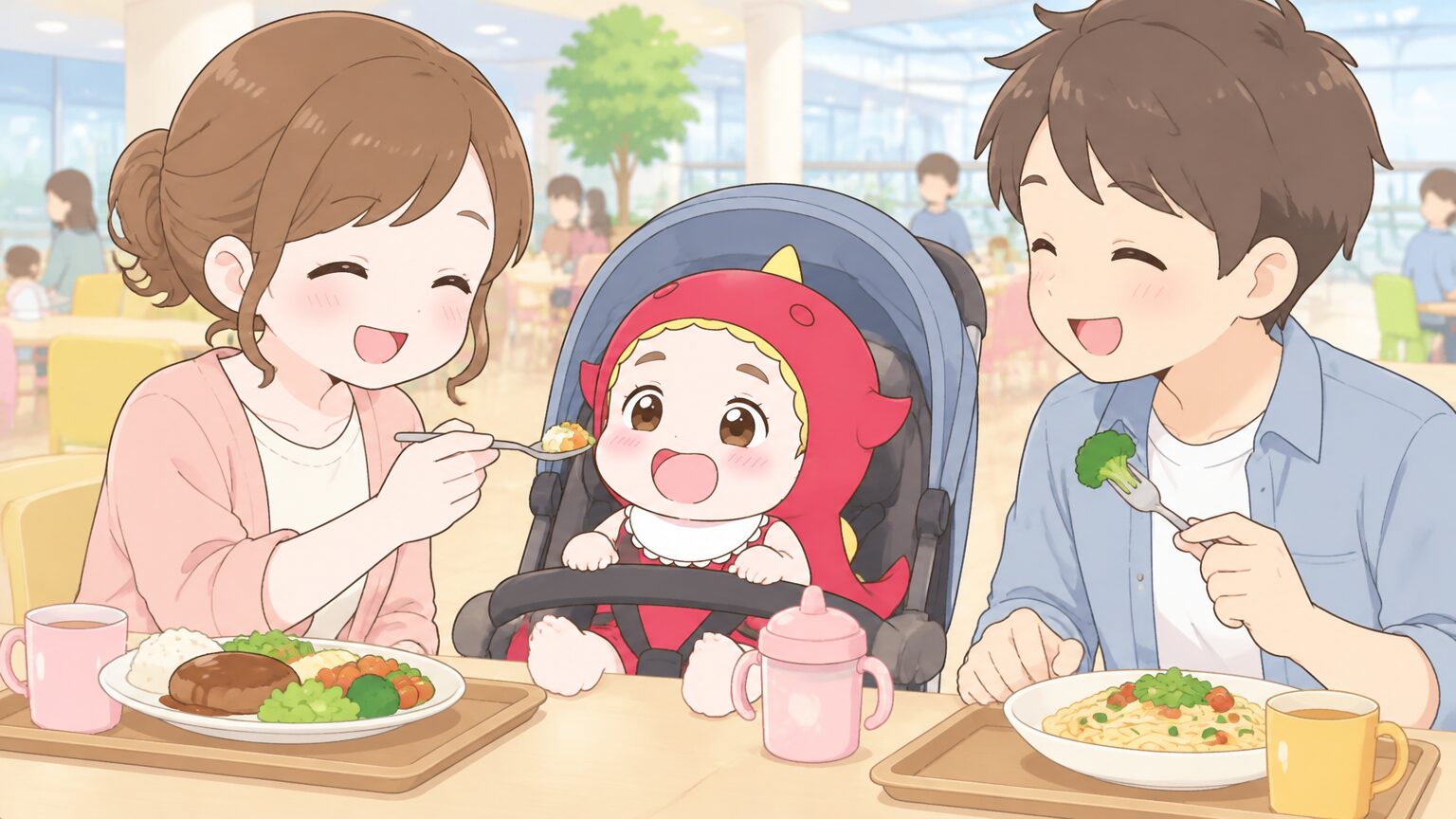 エアロプラザの明るいフロアで、ベビーカーに乗った1歳の子どもと一緒に昼食をとるママとパパ