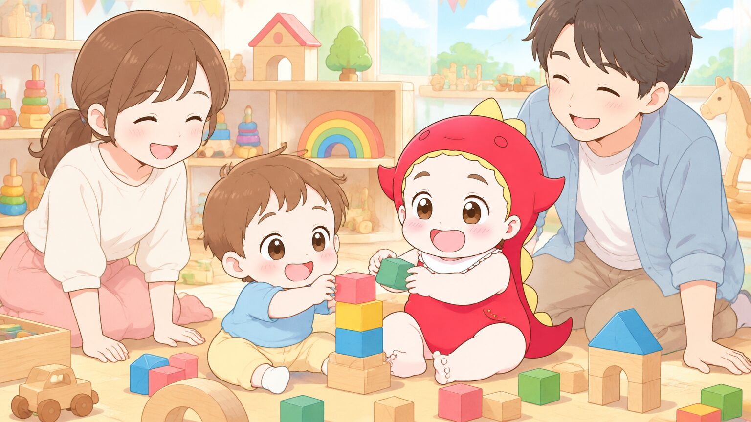 木のおもちゃが並ぶ明るい室内で、1歳の男の子がパパとママに見守られながらブロックで遊んでいる様子
