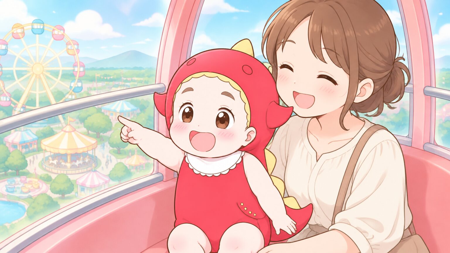 観覧車のゴンドラの中から外の景色を指さして喜ぶ3歳の女の子と、隣で笑顔のママ