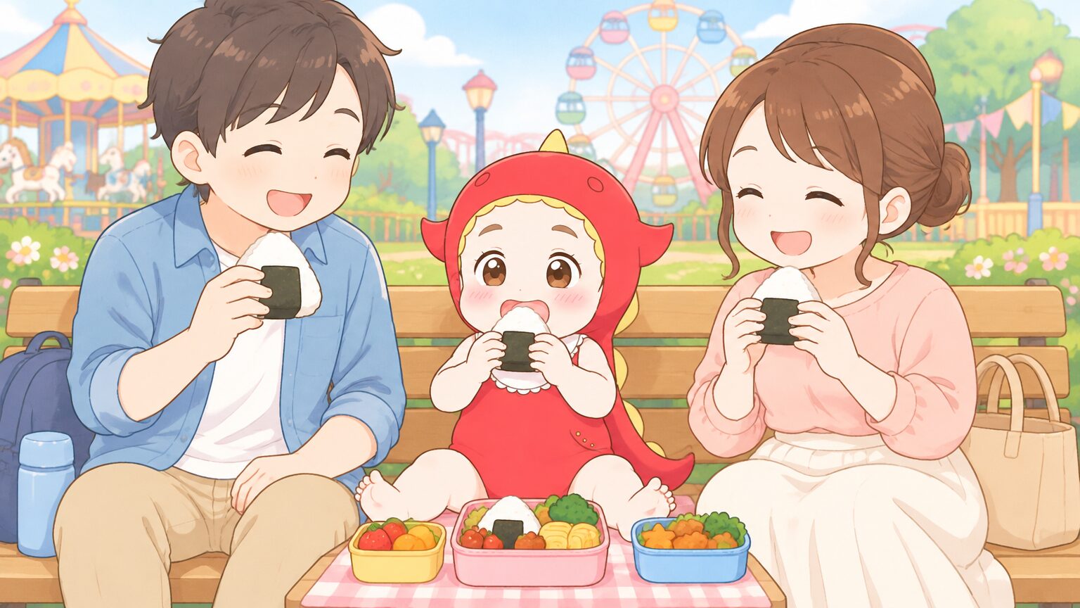 園内のベンチでお弁当を広げ、笑顔でおにぎりをほおばる2歳の子どもと両親