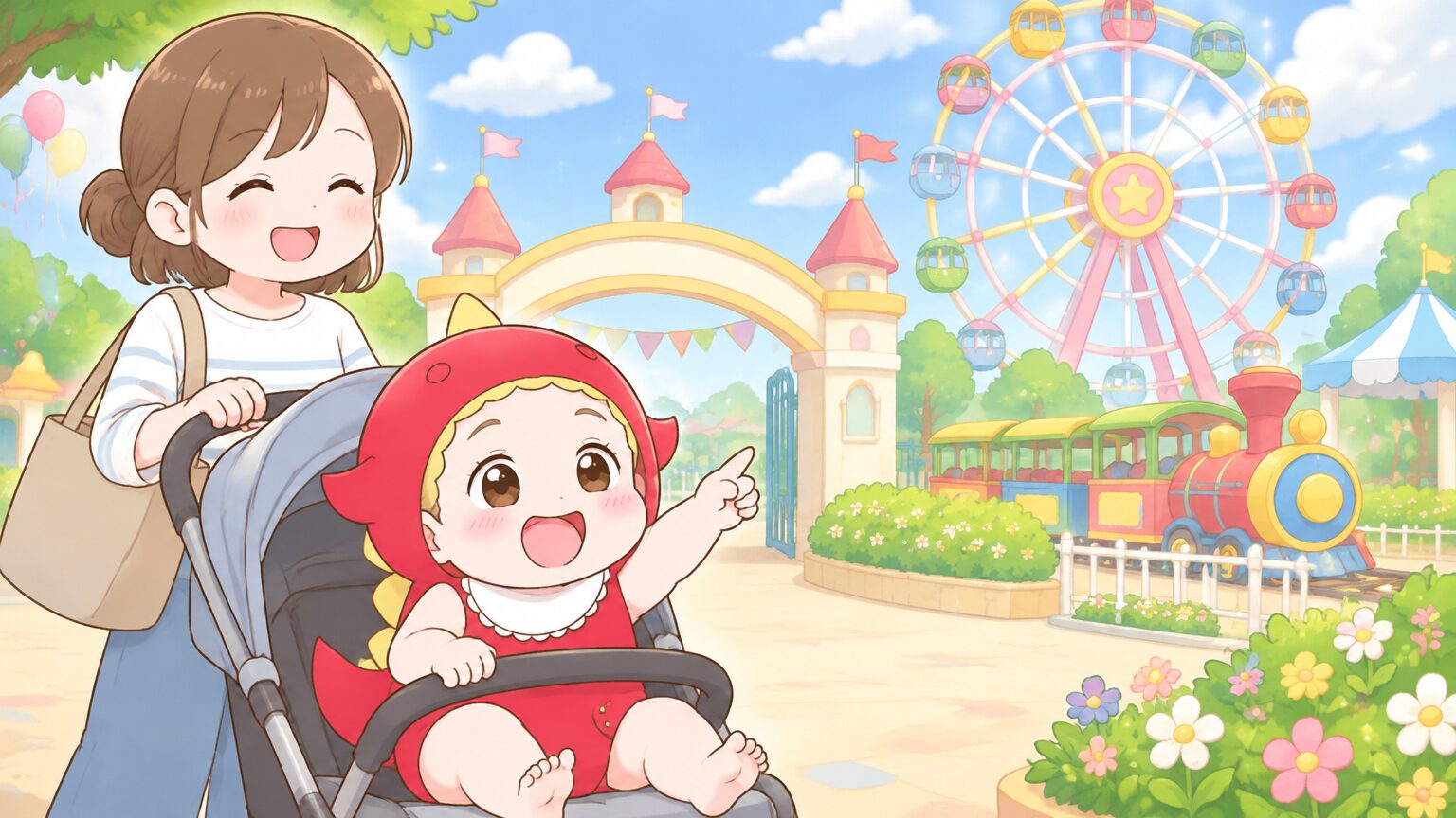 青空の下、ベビーカーを押すママと、観覧車やSL列車を指さして笑う幼児が見える遊園地の入口付近