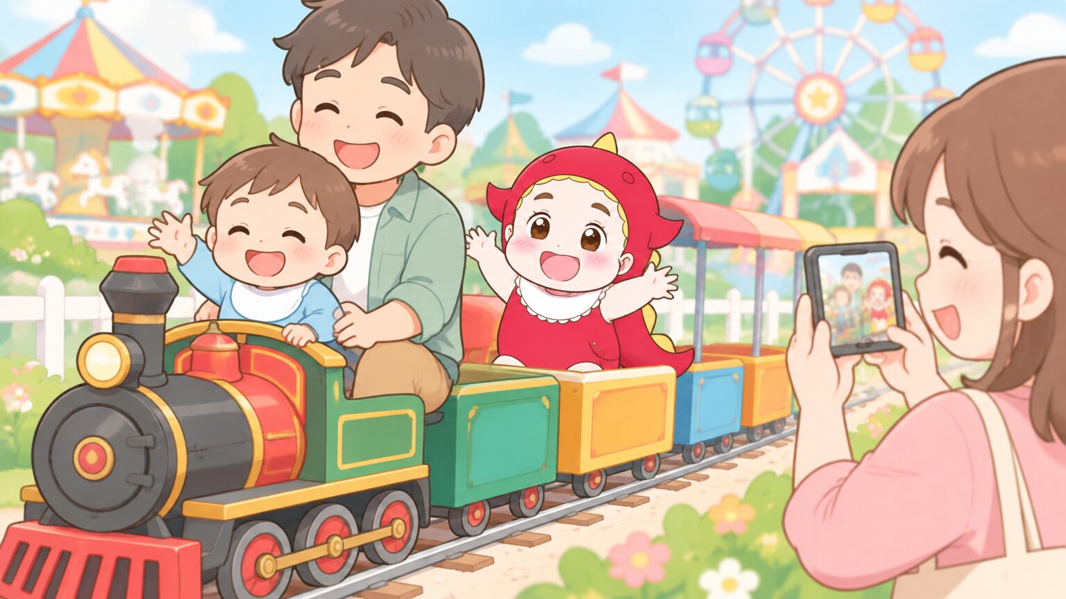 パパの膝の上で1歳の男の子がSL列車に乗り、ママがスマートフォンで笑顔を撮影している様子