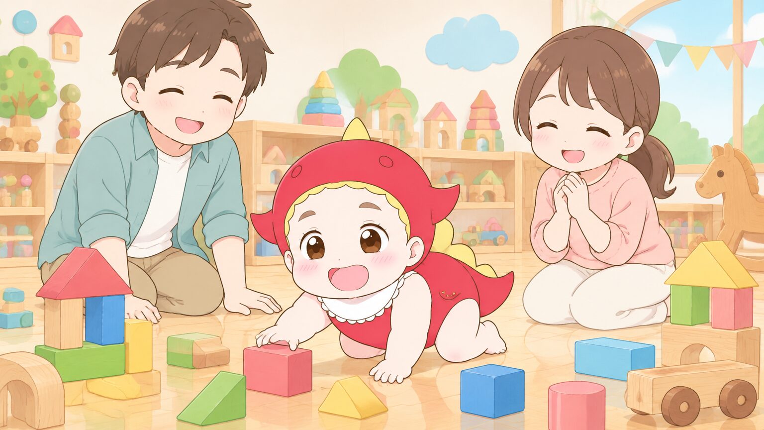 木のおもちゃ館の床で、ハイハイをする赤ちゃんと見守るパパとママ、カラフルな積み木が並ぶ室内