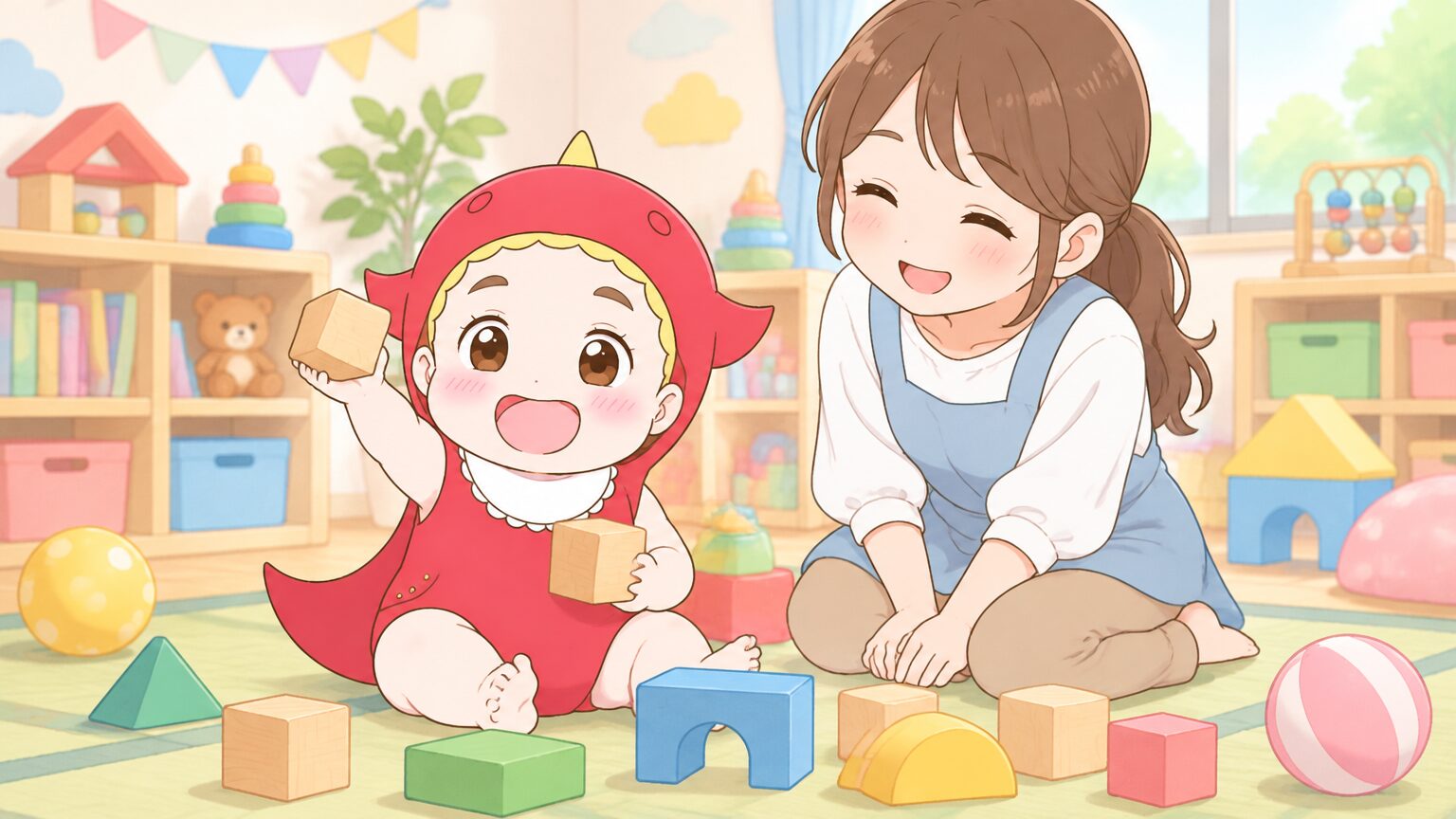 畳のようなマットの上で、1歳ぐらいの赤ちゃんが木のつみきを手に取り、そばで座るママが笑顔で見守る明るいおもちゃの部屋