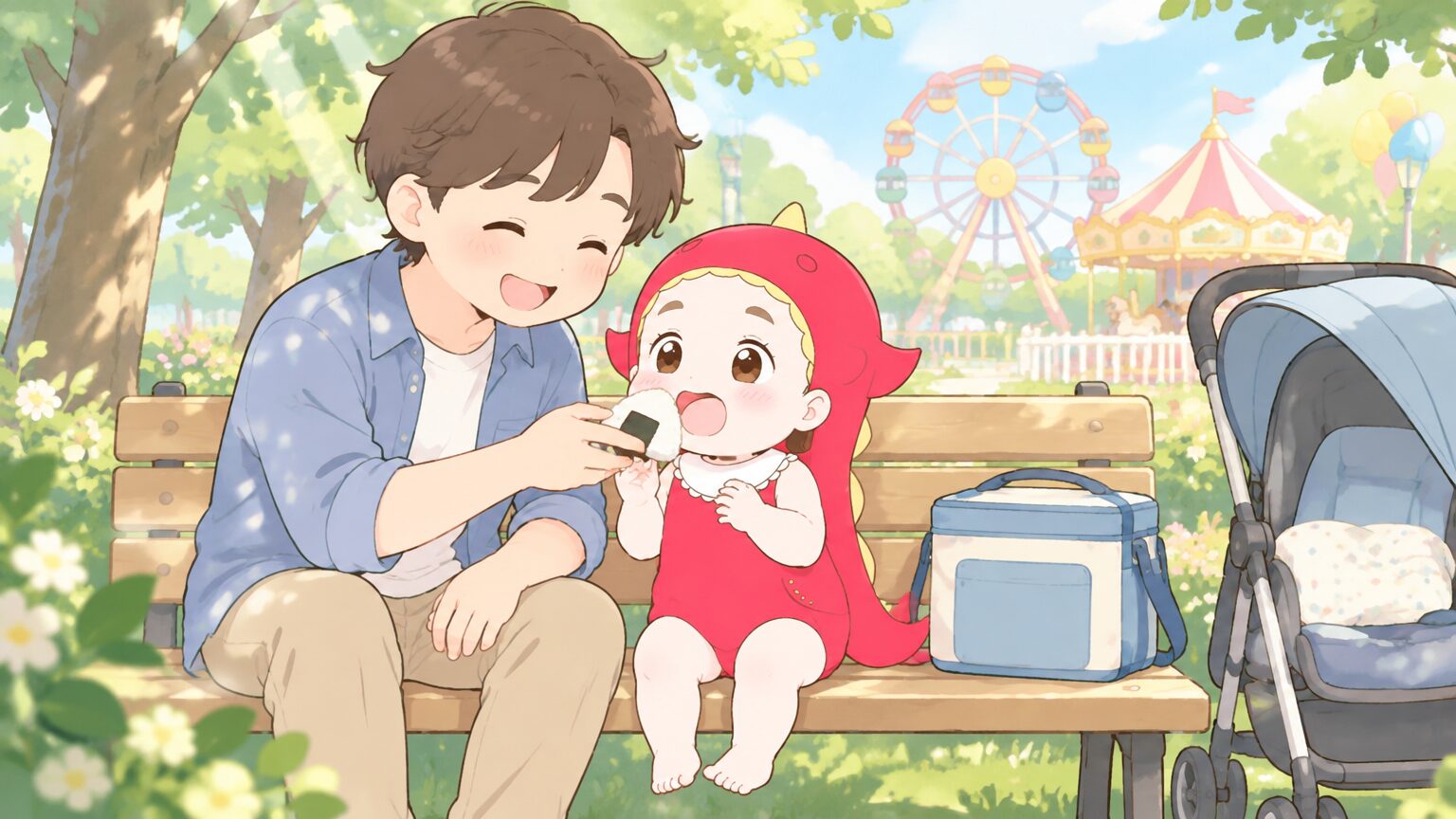 木漏れ日の下のベンチで、パパが2歳の子におにぎりを食べさせ、横にベビーカーとクーラーバッグが置かれたピクニック風景