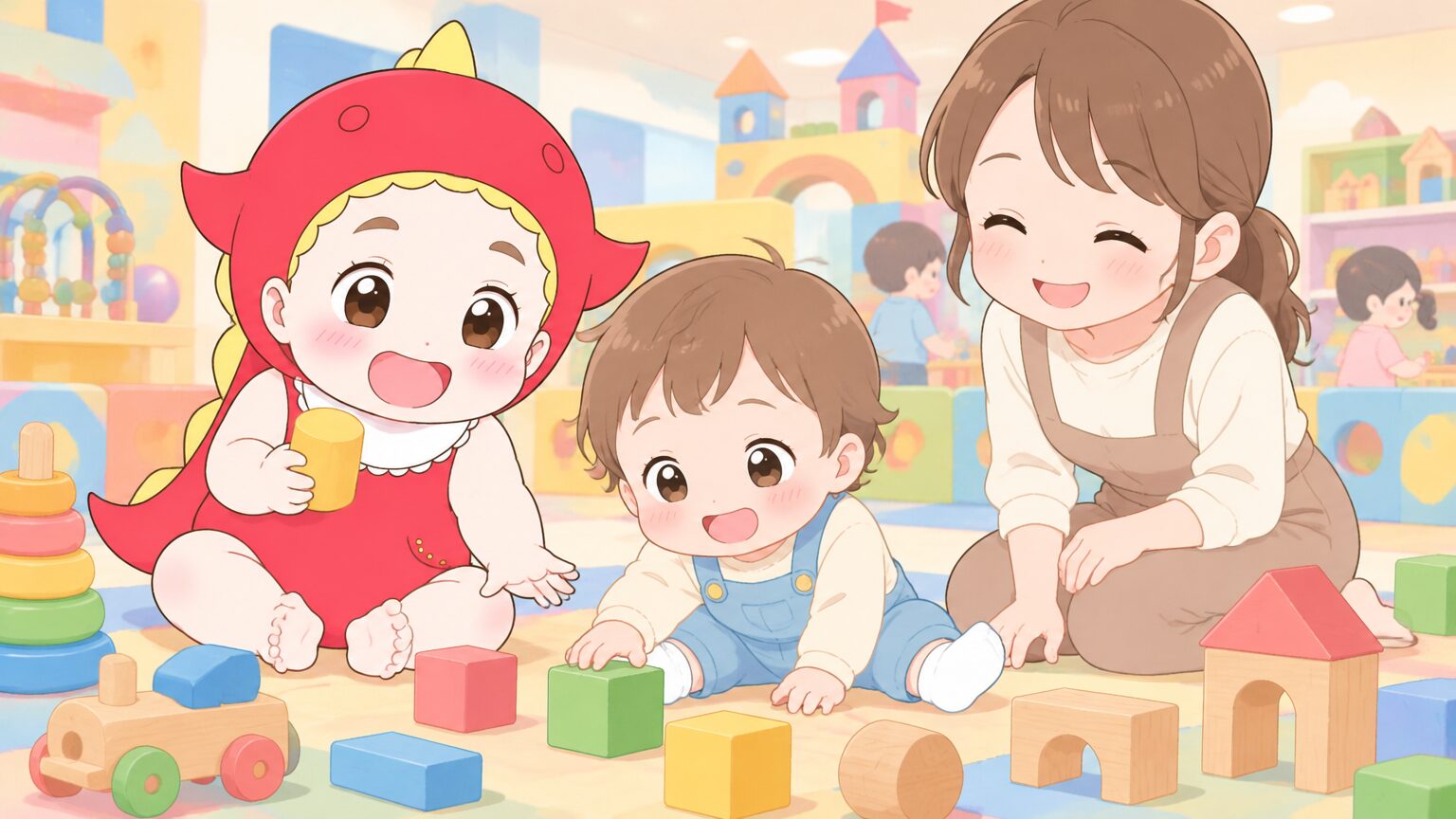 屋内パビリオンの床にぺたんと座り、カラフルな木のおもちゃに手を伸ばす1歳くらいの赤ちゃんと見守るママ