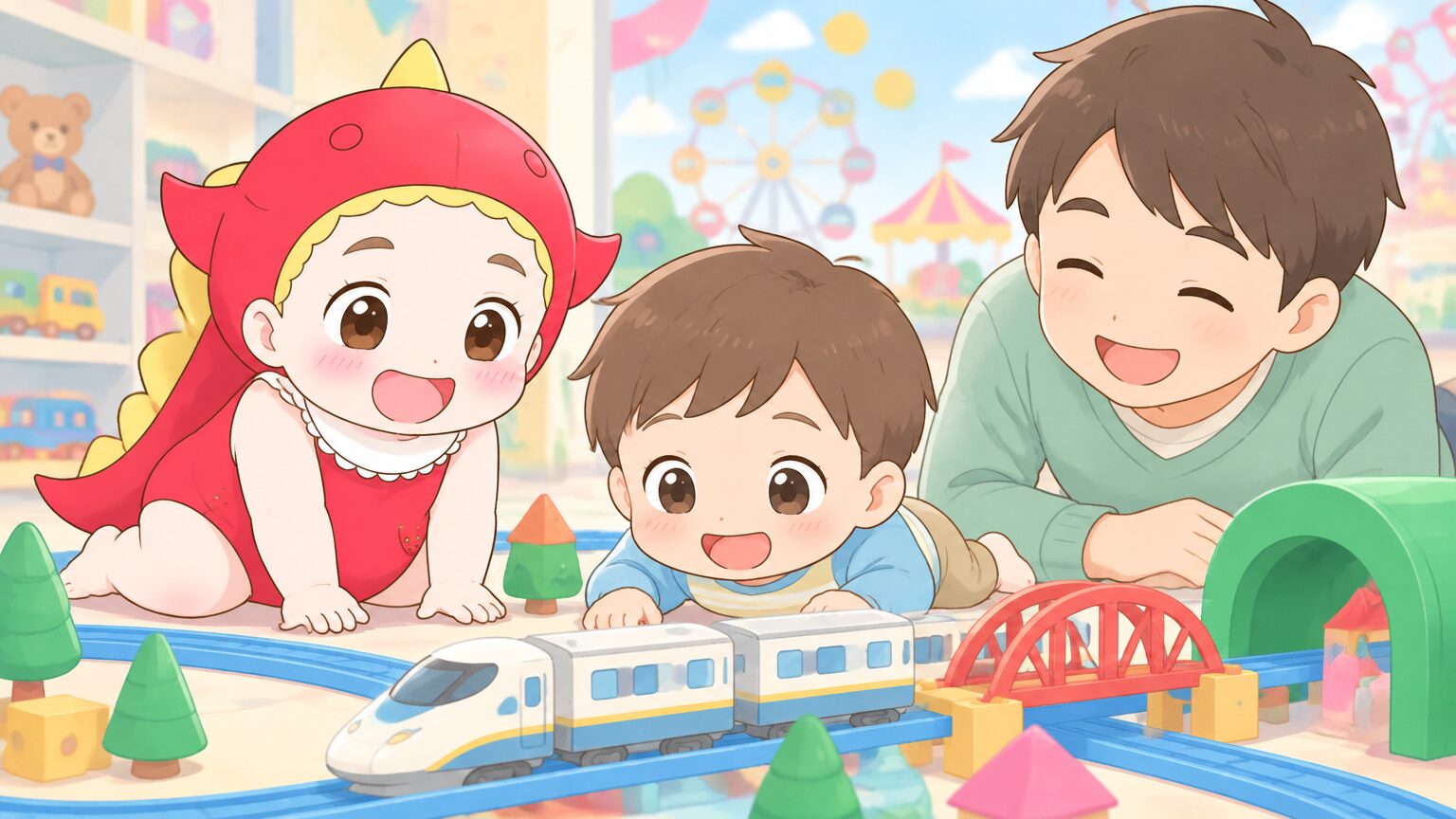 電車のおもちゃのレールを夢中で見つめる2歳くらいの男の子と笑顔のパパ
