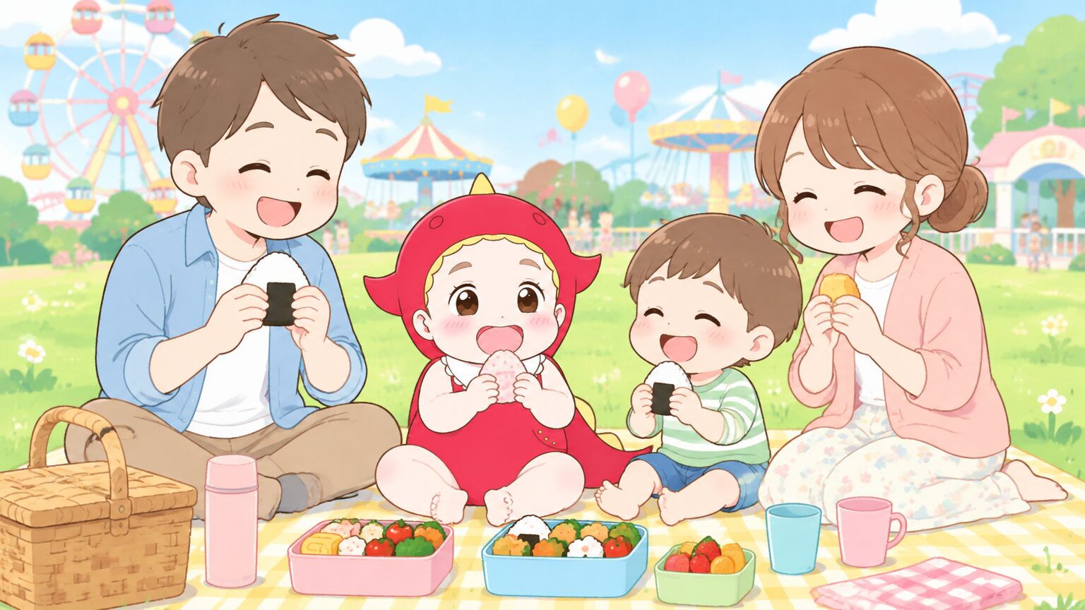 園内の芝生エリアで、レジャーシートを広げて手作りのお弁当を食べる3歳の女の子と家族