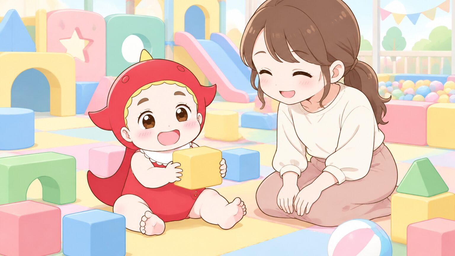 室内遊園地のベビーコーナーで、床に座った1歳の赤ちゃんがやわらかいブロックを持って笑い、ママが隣で見守っている様子