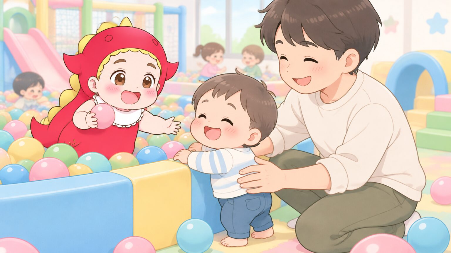 平日の午後、ボールプールの縁につかまり立ちをする1歳の男の子と、手を添えて支えるパパ