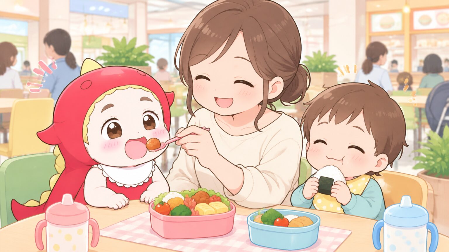ショッピングモールの飲食コーナーで、ママが持ち込んだお弁当をふたりの幼児に食べさせている昼どきのほのぼのとした場面