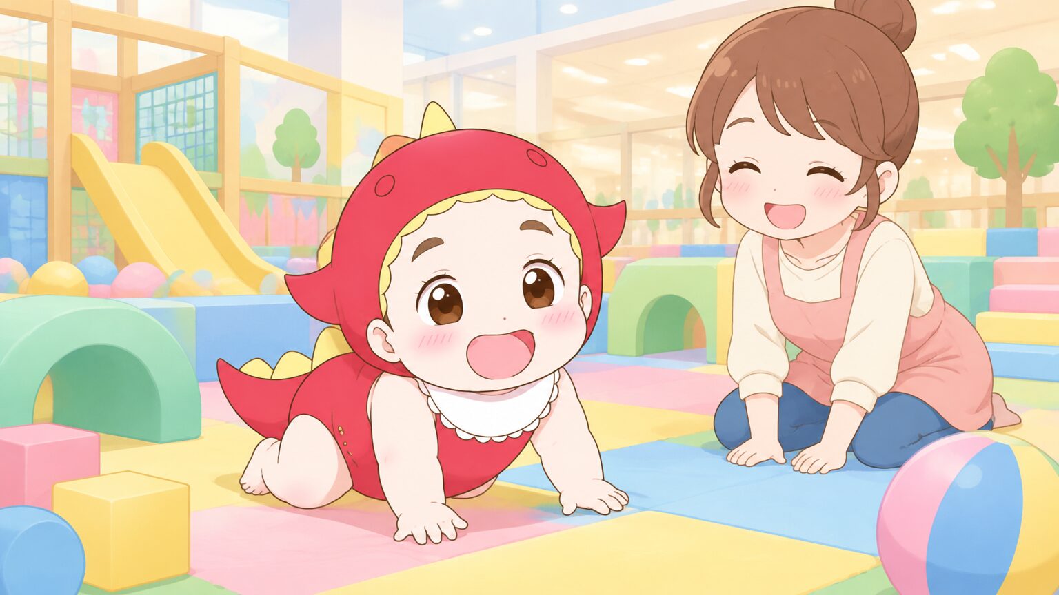 ショッピングセンター内の明るい室内あそび場で、1歳の赤ちゃんがママに見守られながらふかふかのマットの上をハイハイしている様子