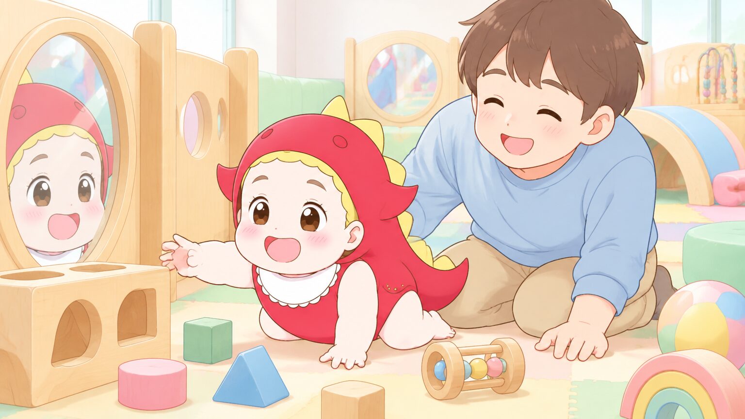 木のおもちゃや鏡のあるベビー専用スペースで、8か月の赤ちゃんがおもちゃに手を伸ばし、パパが笑顔で寄り添っている様子
