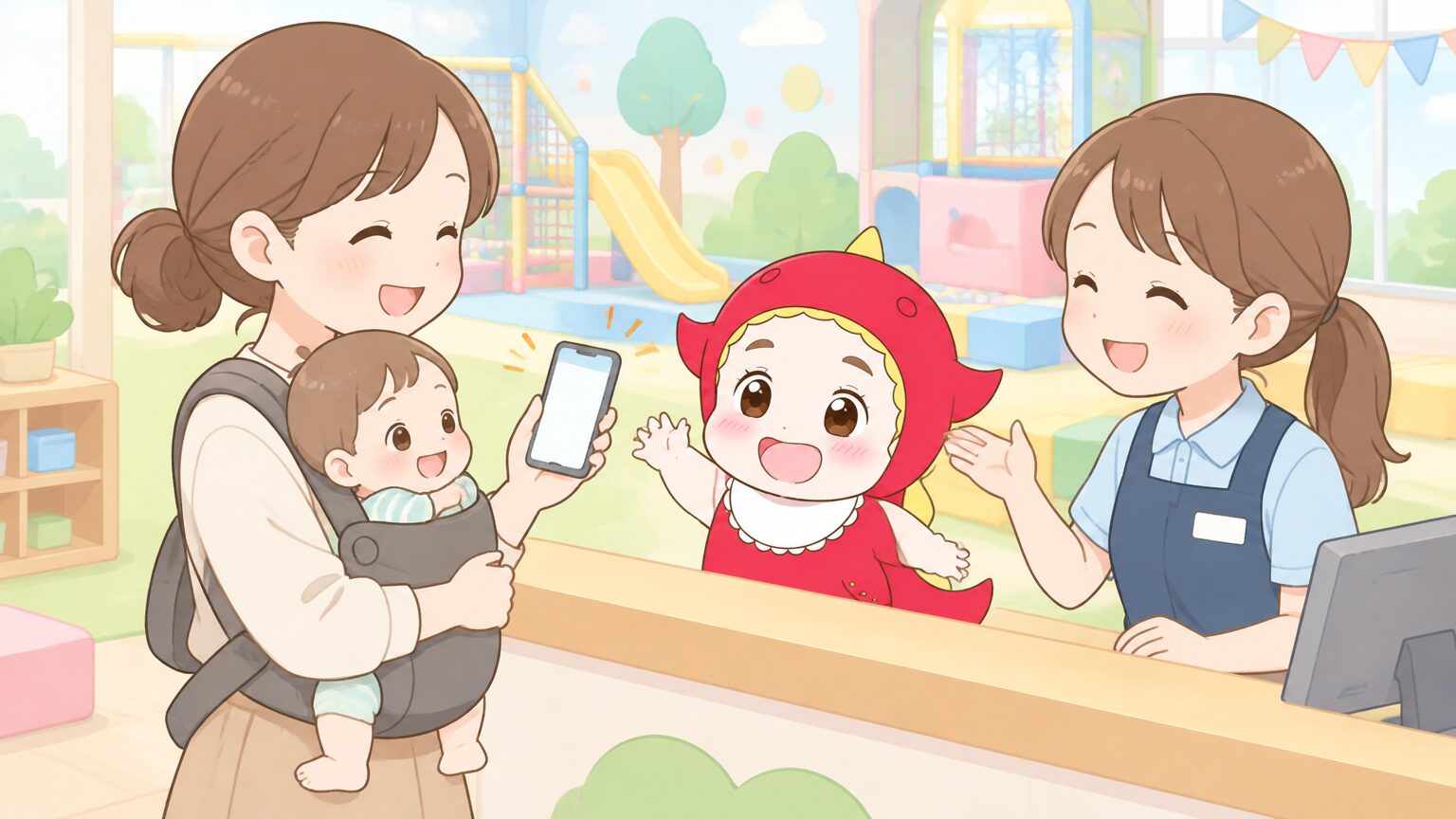 受付カウンターでスマートフォンの入場券画面を見せながら、赤ちゃんを抱っこひもで抱えた母親がスタッフに案内を受けている様子
