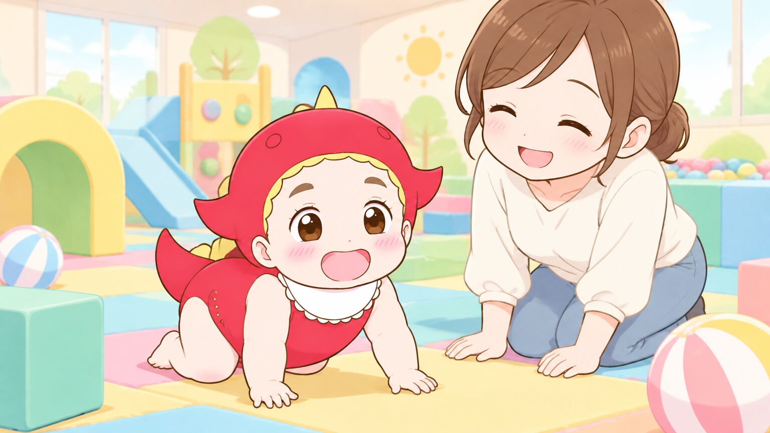 明るい室内遊び場でマットの上をハイハイする赤ちゃんと、そばで見守って微笑む母親
