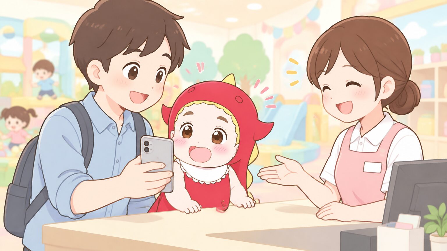 店内の受付カウンターでスタッフに案内を受けながらスマートフォンを見せる父親と幼児
