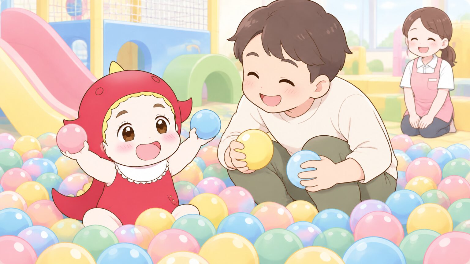 ボールプールで笑顔の幼児と、横でしゃがんで一緒に遊ぶ父親、スタッフが遠くで見守る様子