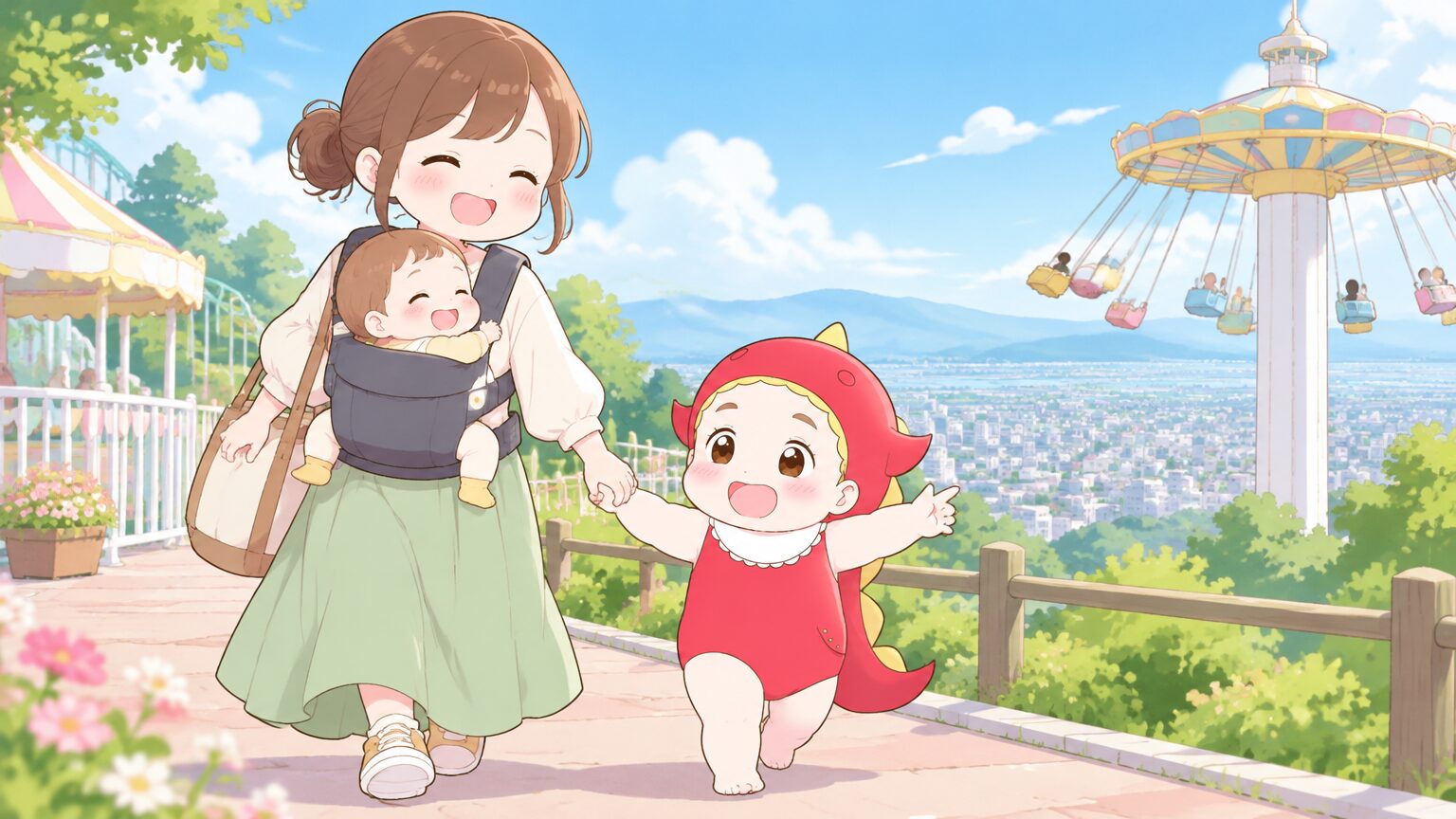 青空の下、山の上の遊園地で飛行塔と大阪平野の街並みを背景に、ベビーカーではなく抱っこ紐で赤ちゃんを抱いた母親と手をつなぐ幼児が笑顔で歩いている様子