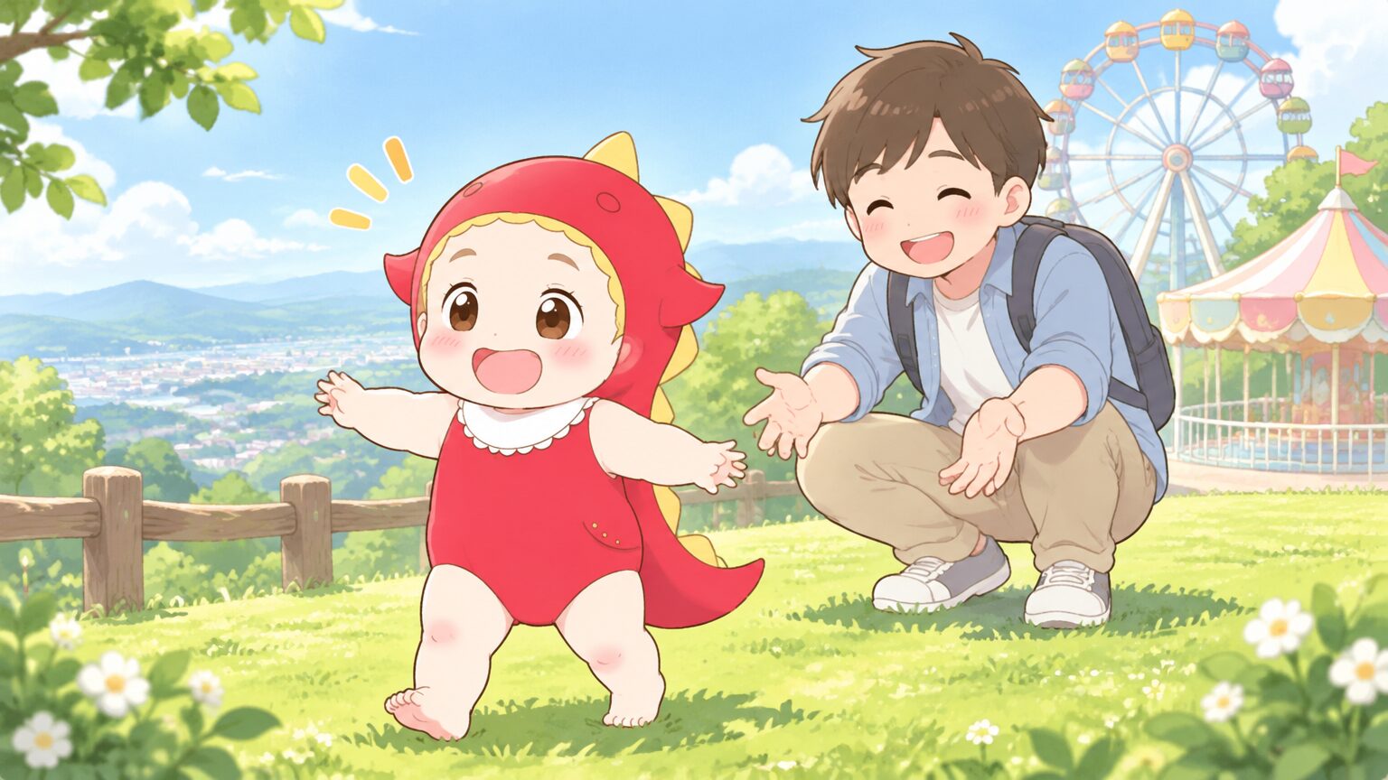 緑に囲まれた天空のあそび場で、1歳くらいの子どもがよちよち歩きをして、その後ろでしゃがんで見守る父親の姿