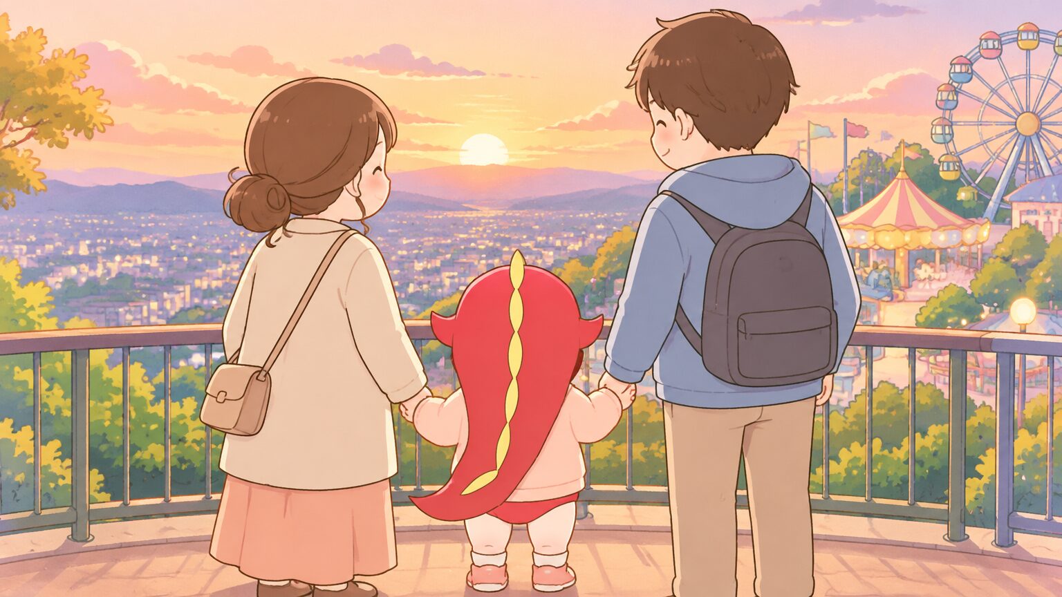 夕方の山上の遊園地で、上着を羽織った3歳くらいの子どもが両親に挟まれて手をつなぎ、夕日に照らされた展望エリアから街並みを眺めている後ろ姿