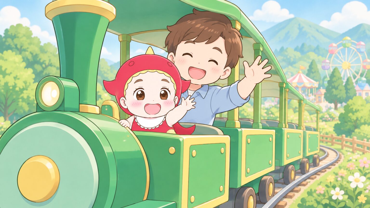 高原の緑の中を走る緑色の小さな汽車に、パパと乗って笑顔で手を振る1歳くらいの男の子