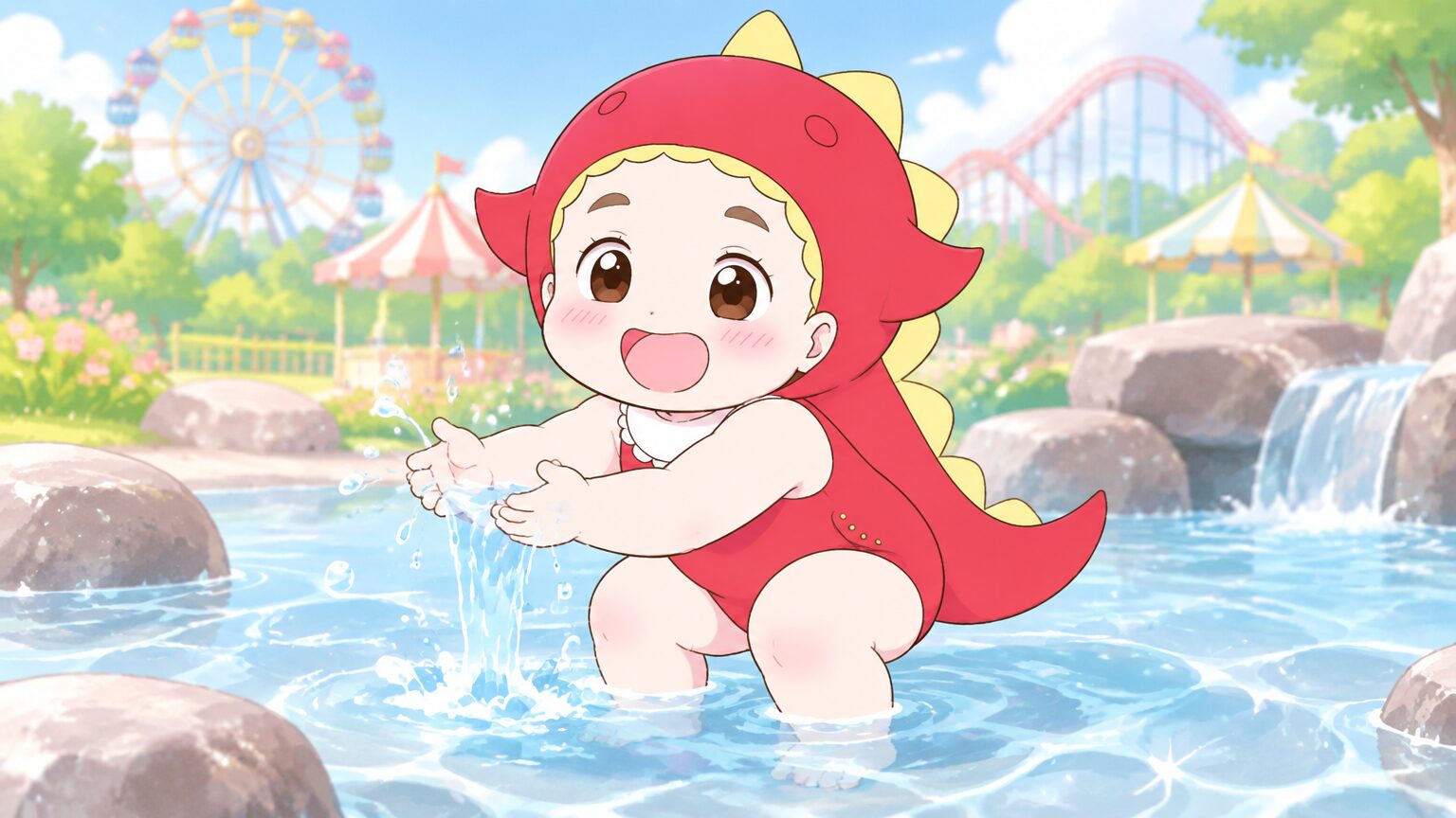 夏の高原の浅い水場で、水着姿の2歳の女の子が両手で水をすくって笑っている様子
