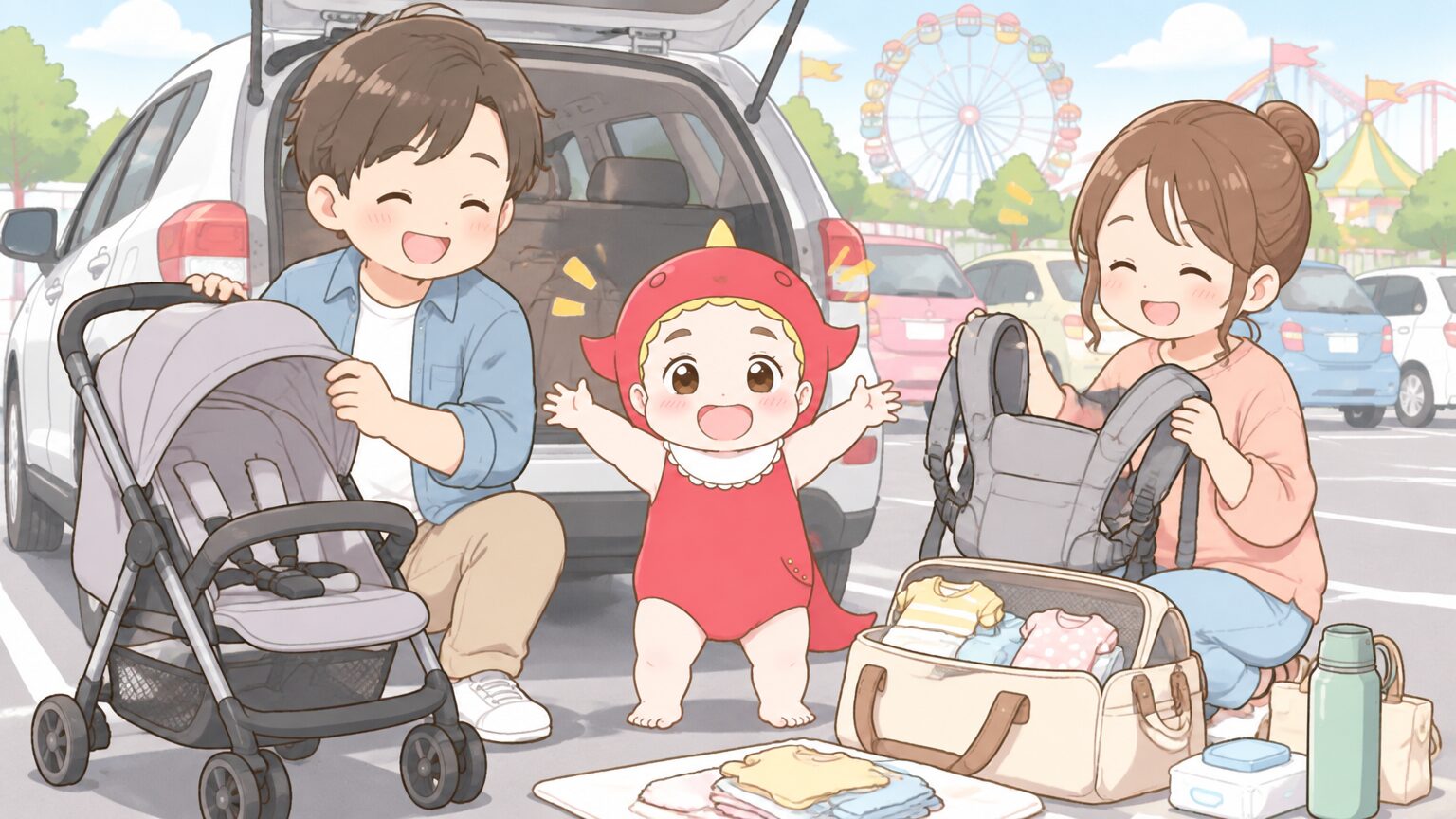 駐車場の車のそばで、ベビーカーと抱っこ紐、着替えの入ったバッグを広げて準備をしている若いパパとママ