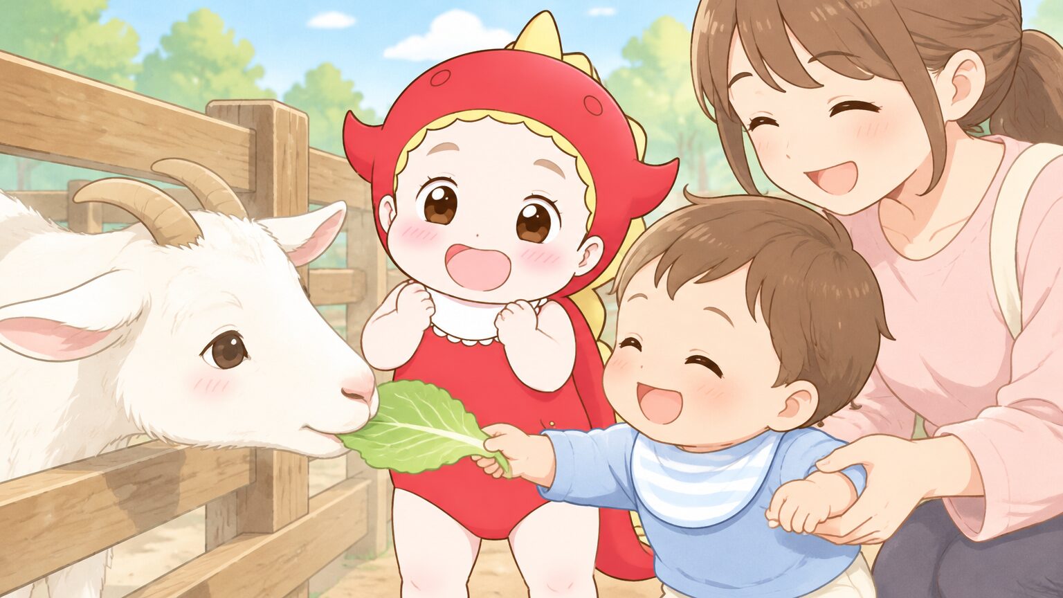 ヤギにキャベツを差し出す1歳の男の子と、その小さな手を後ろから優しく支える母親の手元