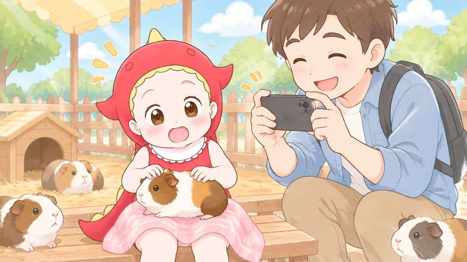 ふれあい広場でモルモットをそっと膝にのせて目を丸くする3歳の女の子と、隣でスマートフォンで撮影する父親