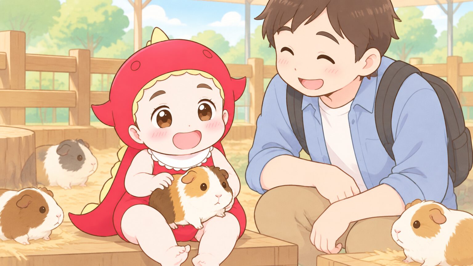 ふれあいゾーンでモルモットを膝にのせて、うれしそうに笑う2歳くらいの女の子とそれを見守る父親
