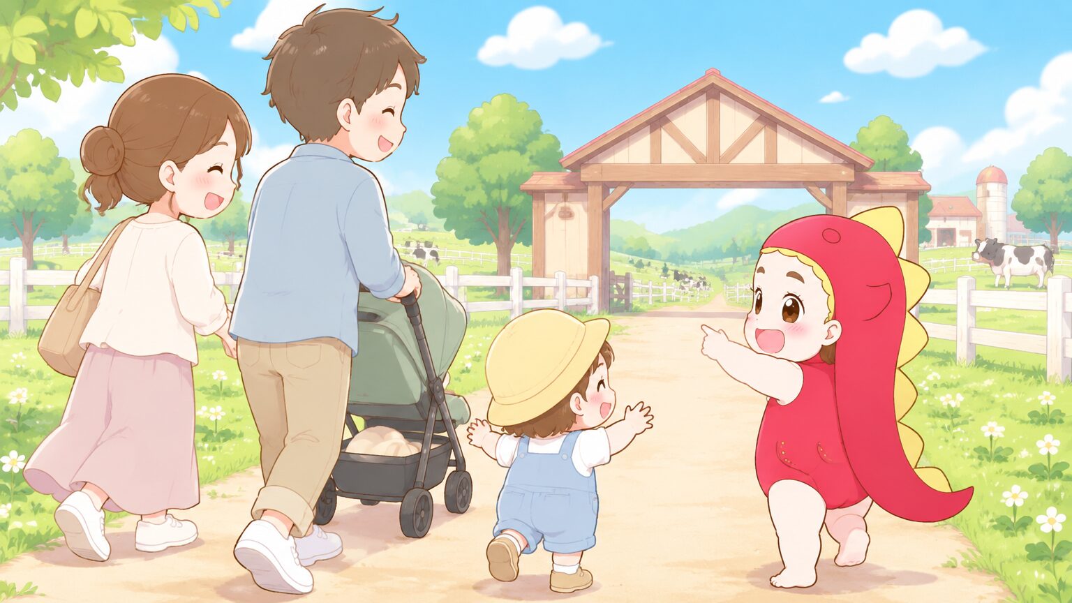 広い芝生の上で、ベビーカーを押す両親と歩き始めたばかりの幼児が牧場の入口に向かって歩いている穏やかな午前の風景