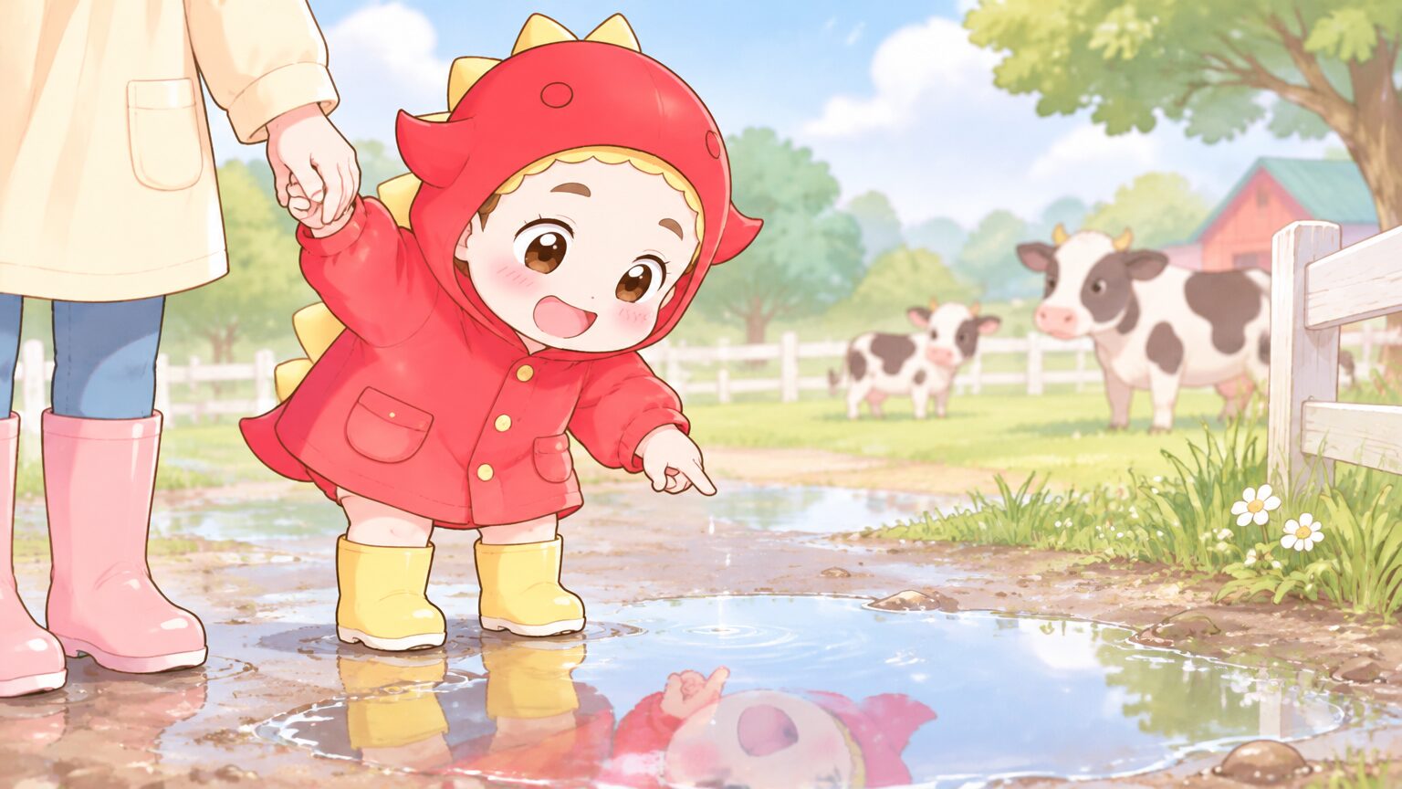 雨上がりの牧場で、レインコートを着た2歳くらいの子どもが親の手を握って小さな水たまりを見つめている様子