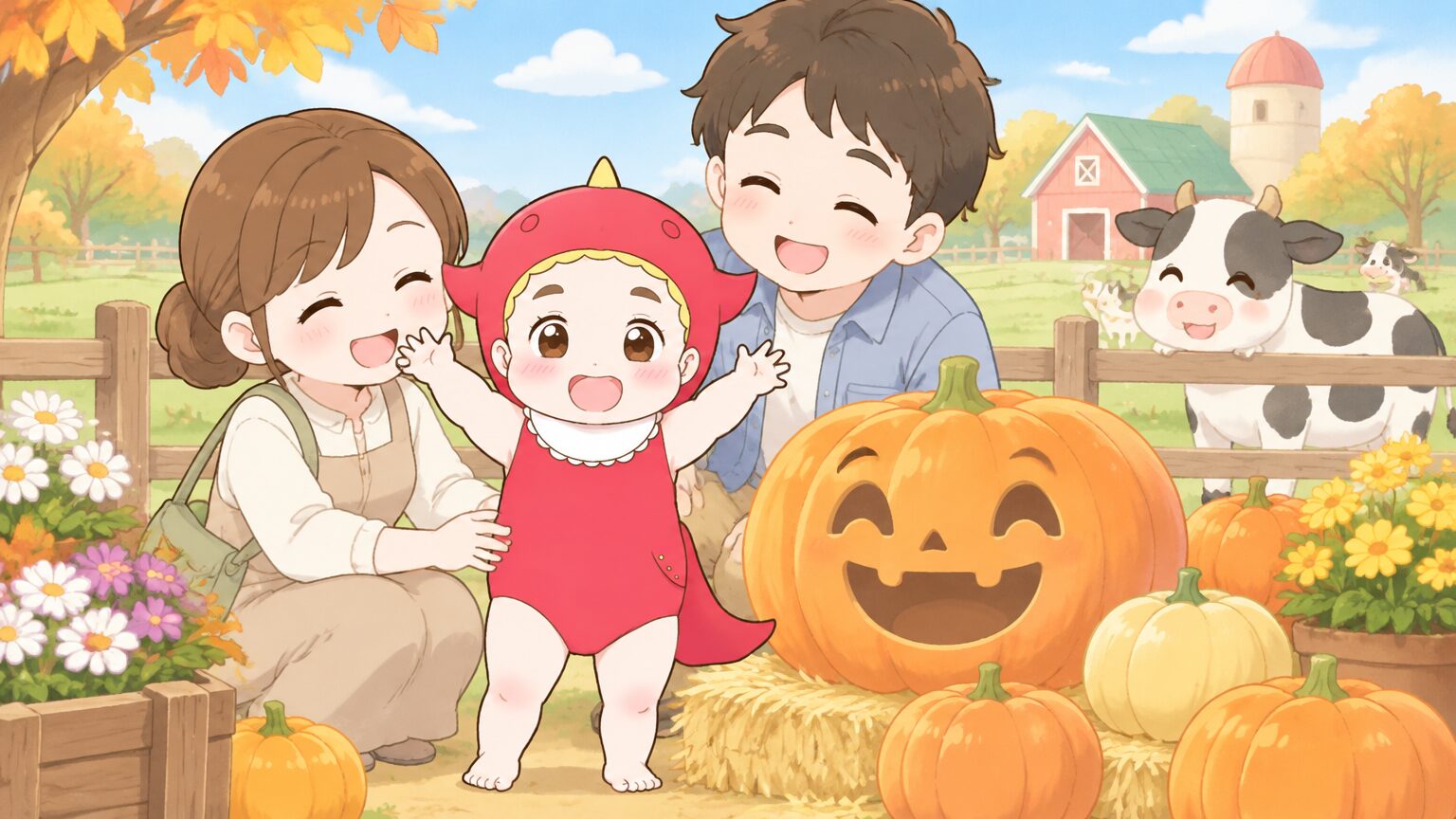 秋晴れの牧場でハロウィンの仮装をした幼児がカボチャのオブジェの横で笑っている家族の写真