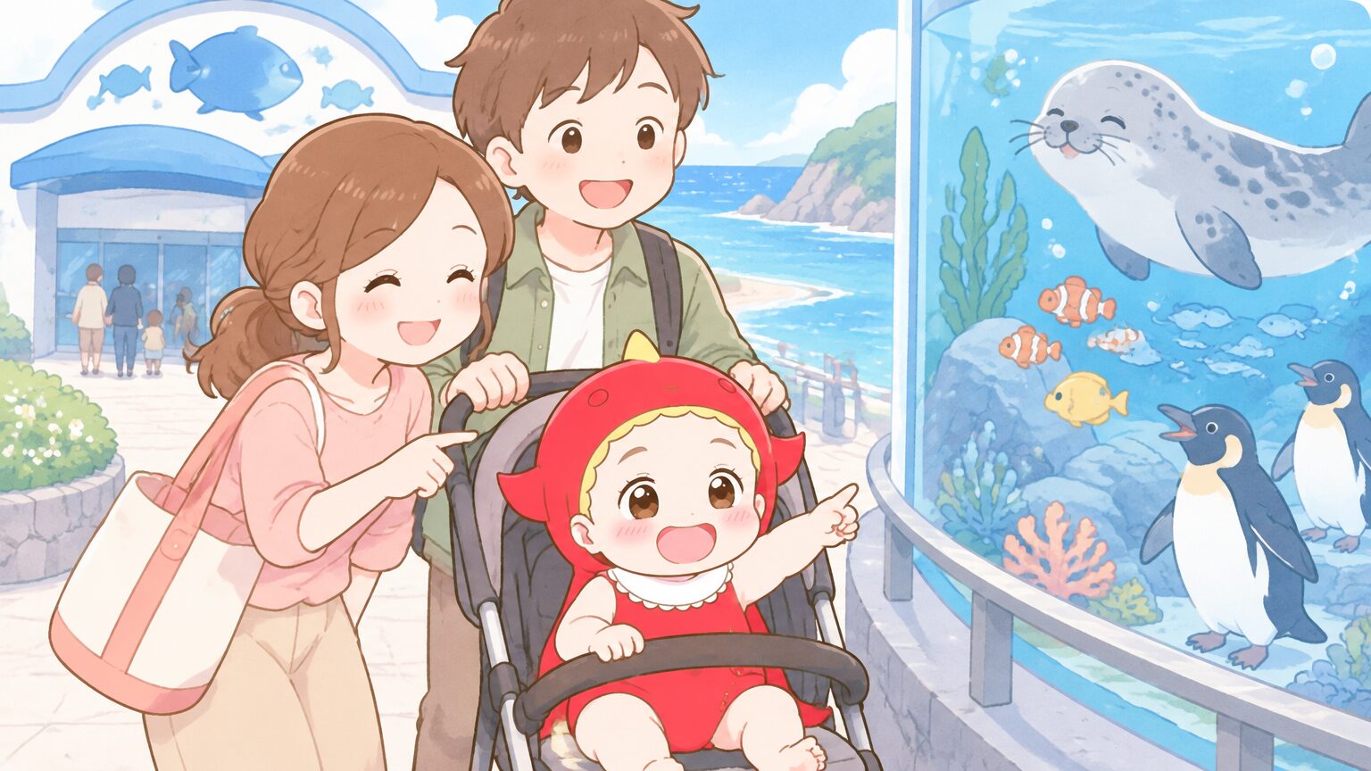 海辺の水族館の入口で、ベビーカーを押すパパとママが笑顔の1歳児に海の生きものを指さして見せている様子