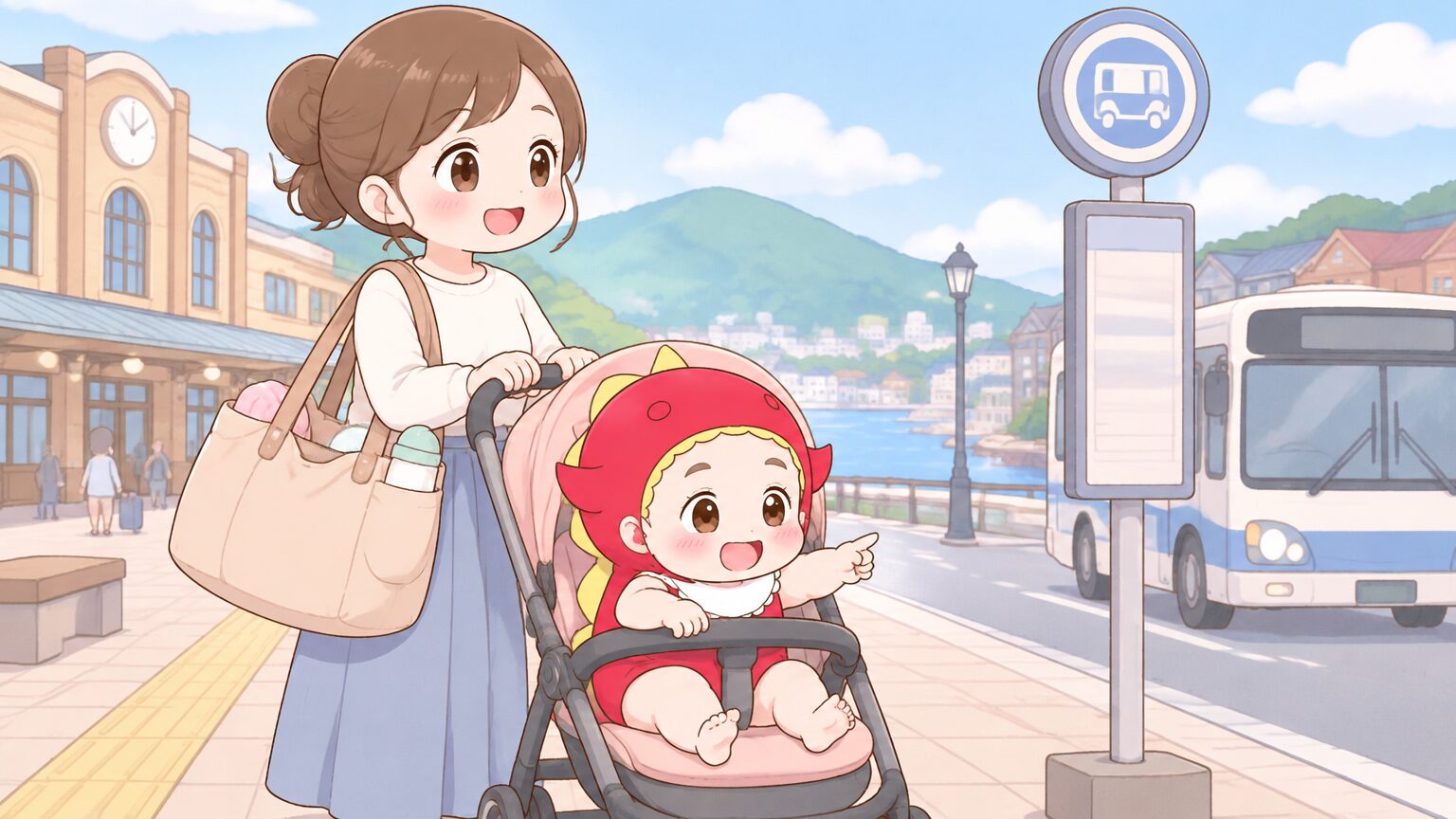 小樽駅前のバス停で、ベビーカーと大きなマザーズバッグを持った親子がバスを待っている様子