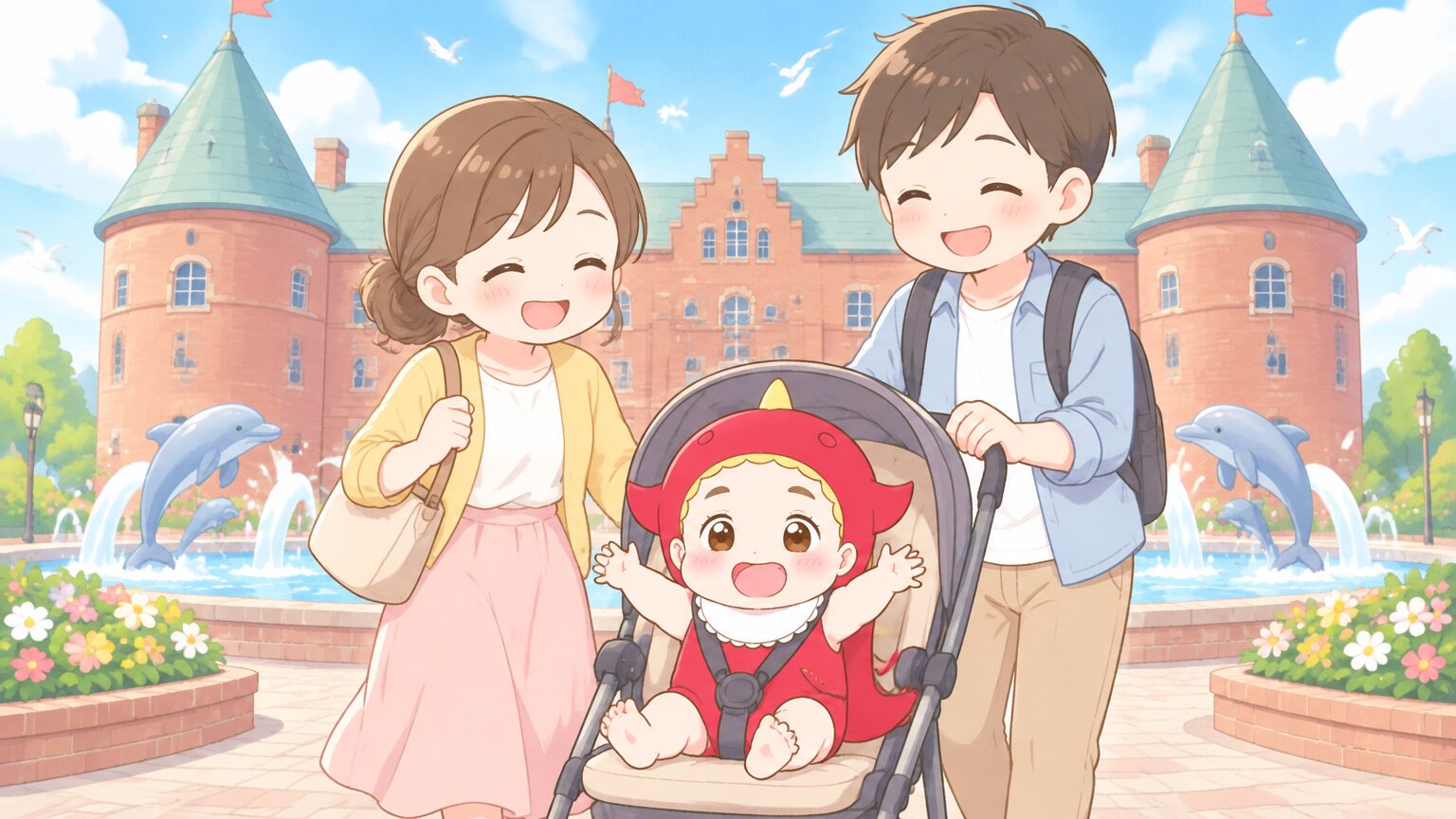 ベビーカーを押す両親と1歳くらいの子どもが、赤レンガのお城のようなニクス城の前で笑顔で歩いている昼間の様子