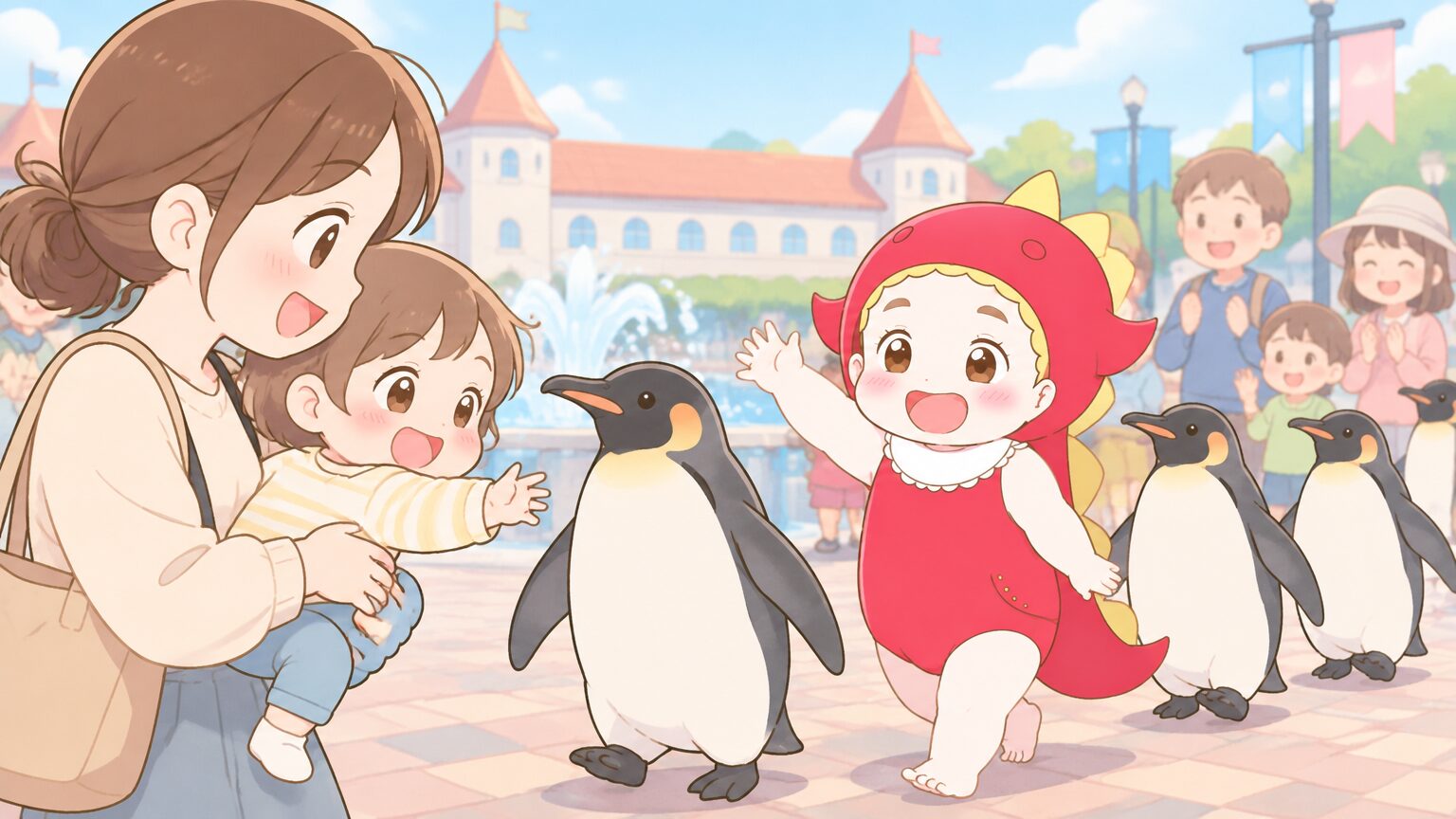 ニクス広場で1歳の子どもを抱っこした母親が、パレードで歩くペンギンを間近で見つめている様子