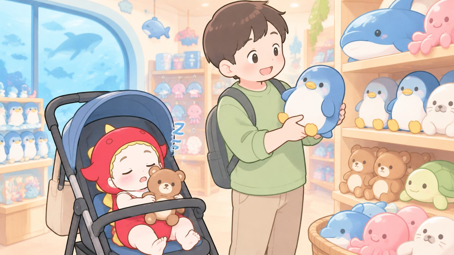 昼食後にベビーカーで眠る2歳の子どもを見守りながら、ショップでぬいぐるみを選ぶ父親の穏やかな様子