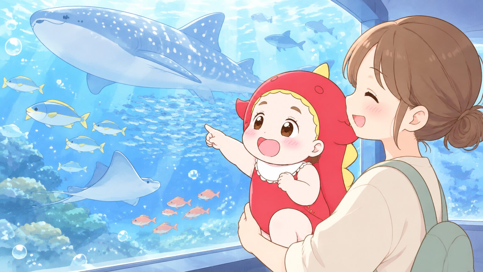 大水槽の前で抱っこされた1歳くらいの子どもが、泳ぐ魚を指さして見つめている様子