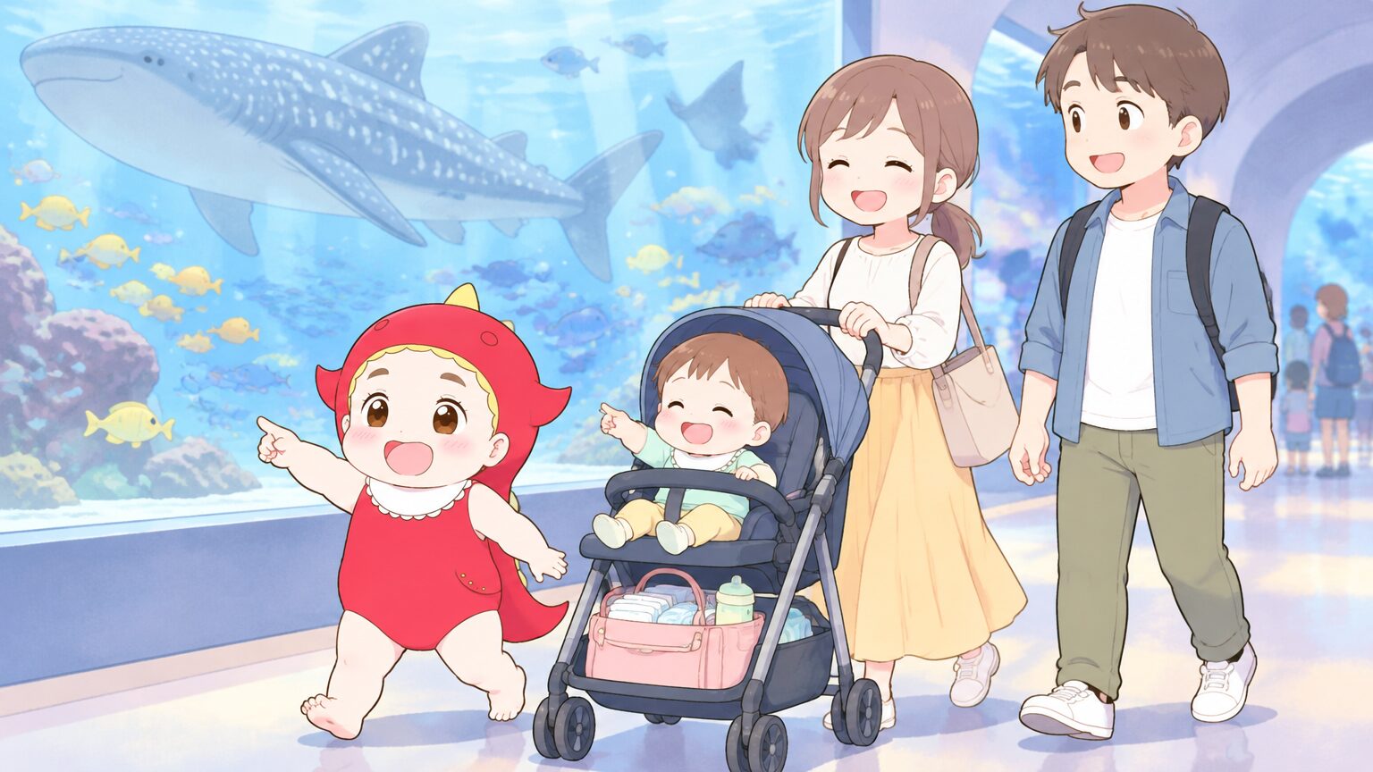 ベビーカーのかごにおむつ・着替え・飲み物を詰めたマザーズバッグを載せ、水族館の通路を進む家族